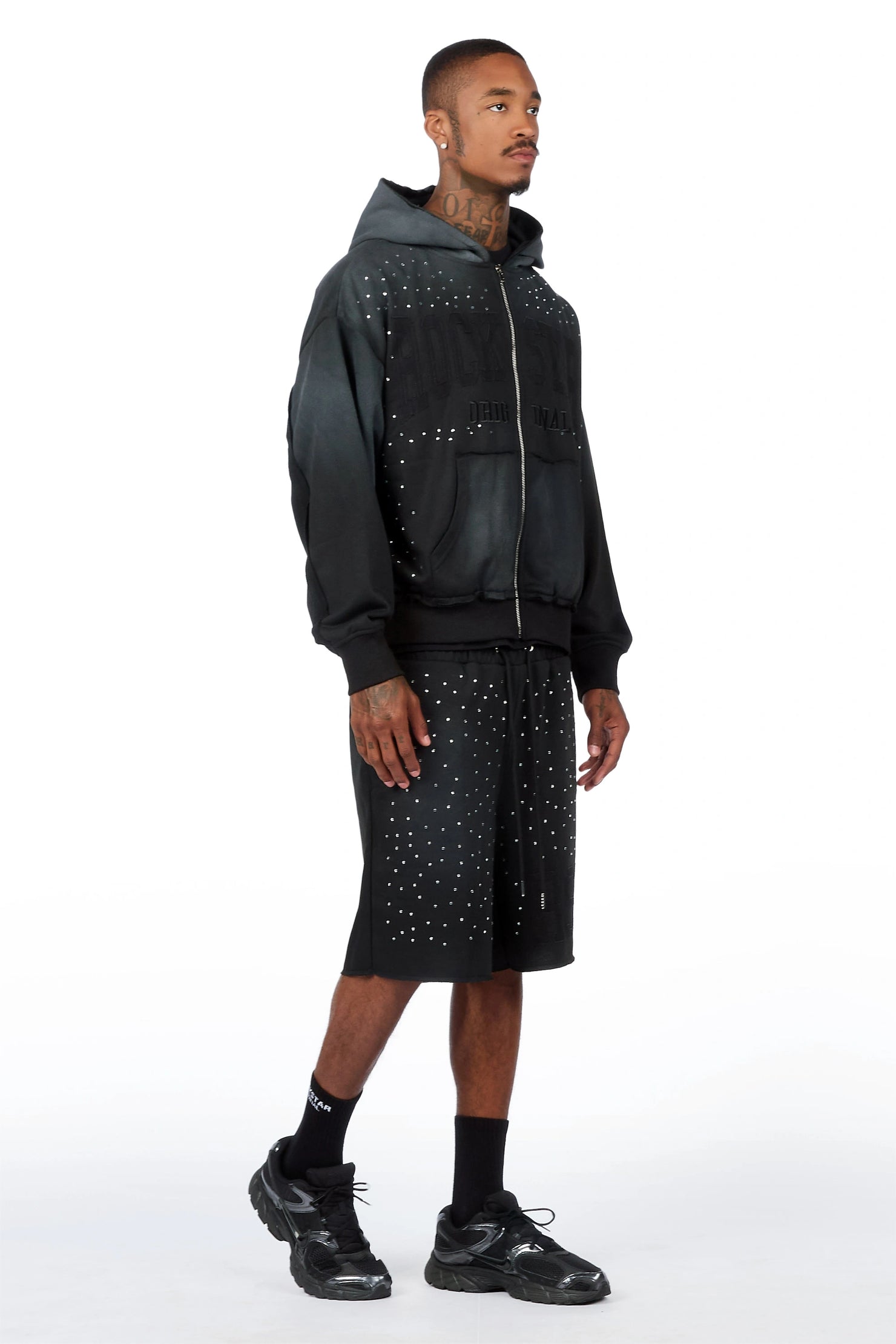 Akila Black Rhinestone Hoodie Double Waisted Short Set