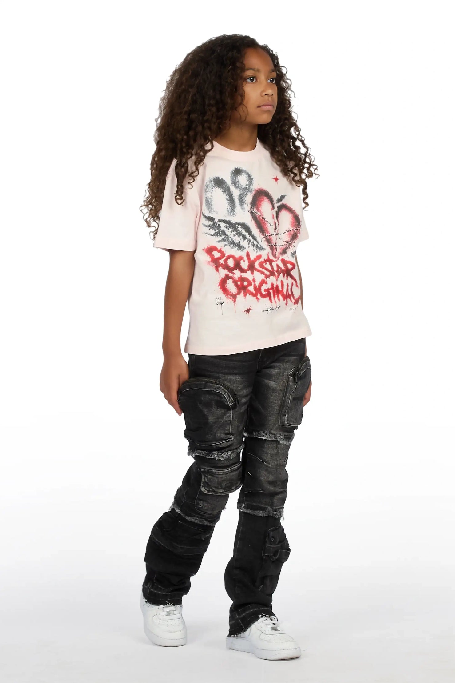 Girls Effigia Light Pink/Dark Grey T-Shirt Stacked Jean Set