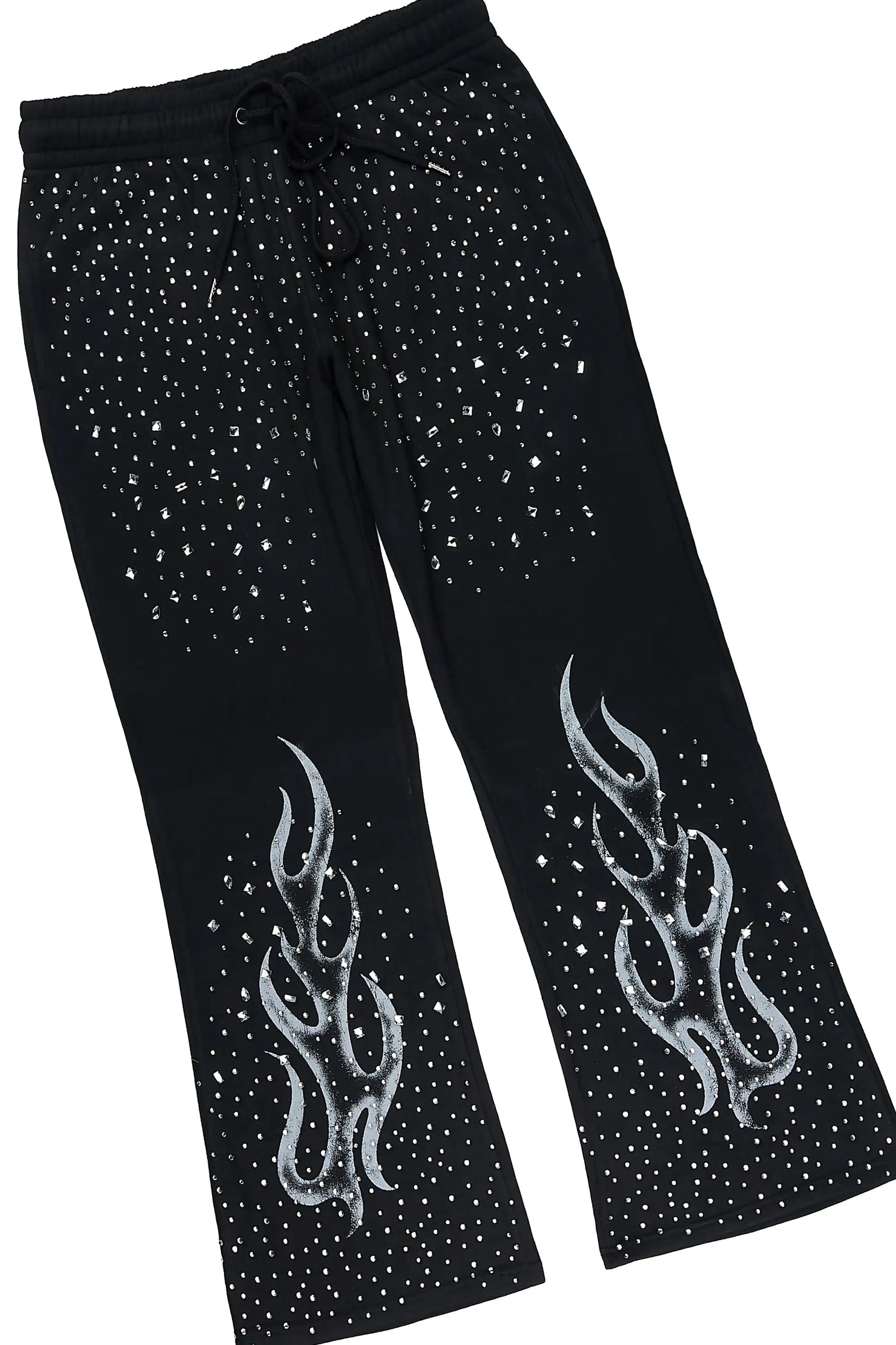Malykz Black/Black Rhinestone T-shirt/Stacked Flare Track Pant Set