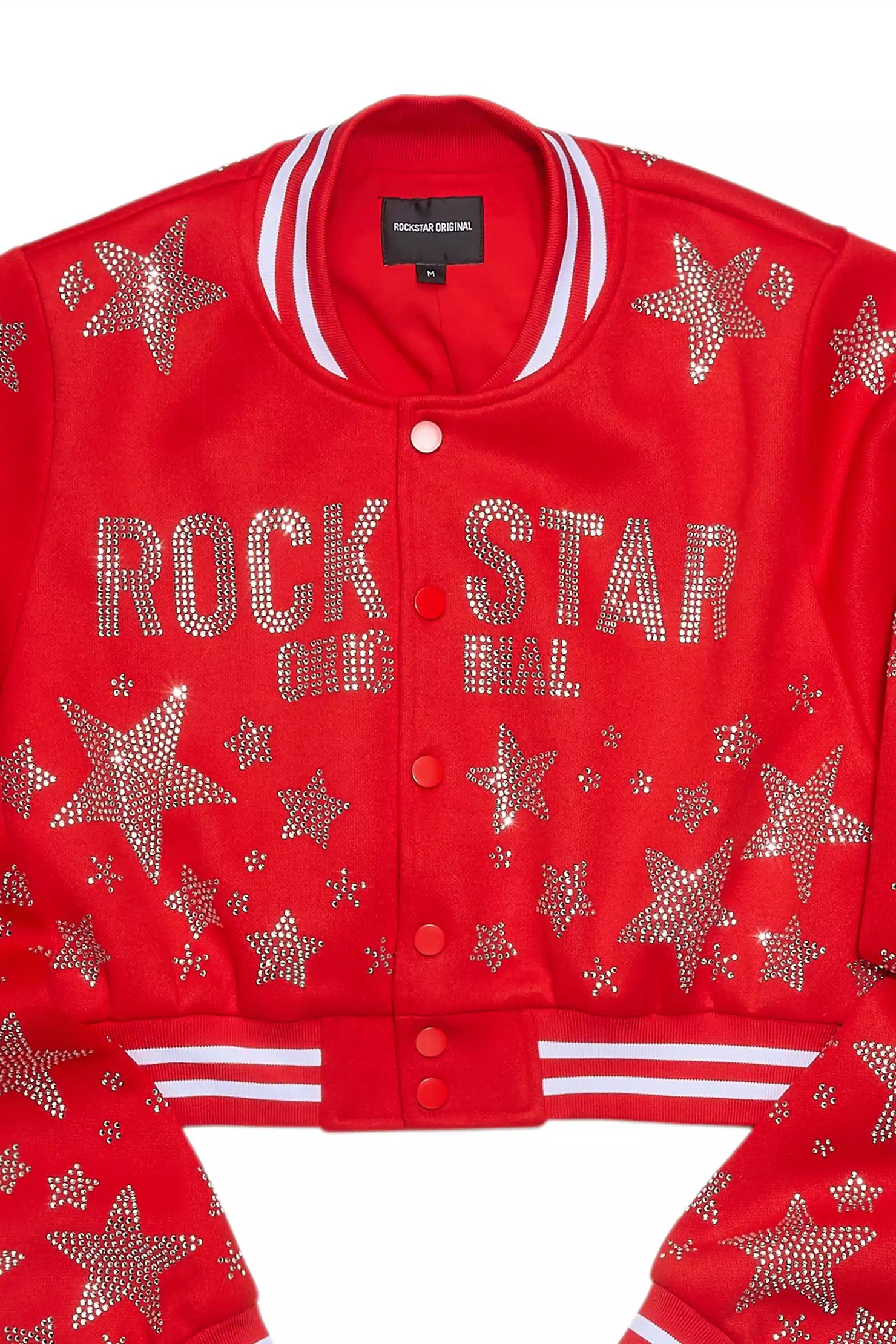 Shanda Red Crop Rhinestone Varsity Jacket