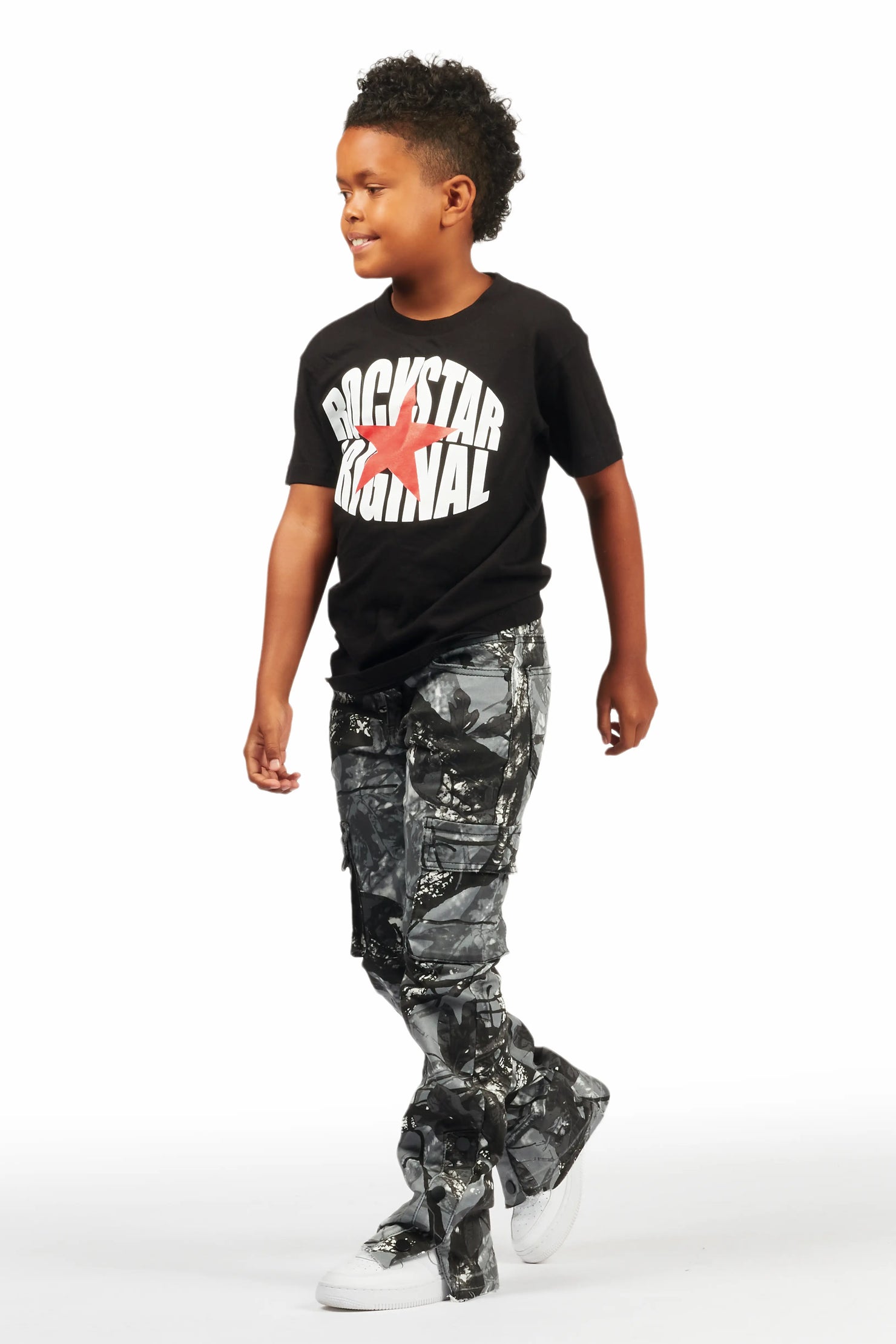 Boys Waage Grey Camo Stacked Flare Cargo Jean