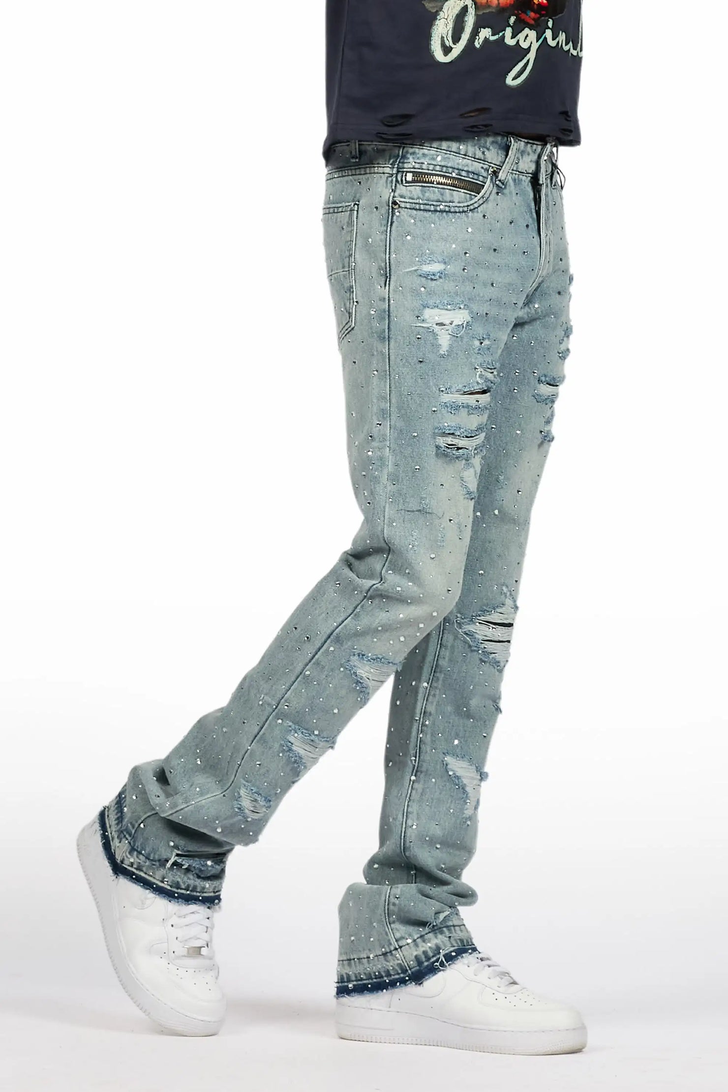 Stunt Blue Rhinestone Stacked Flare Jean