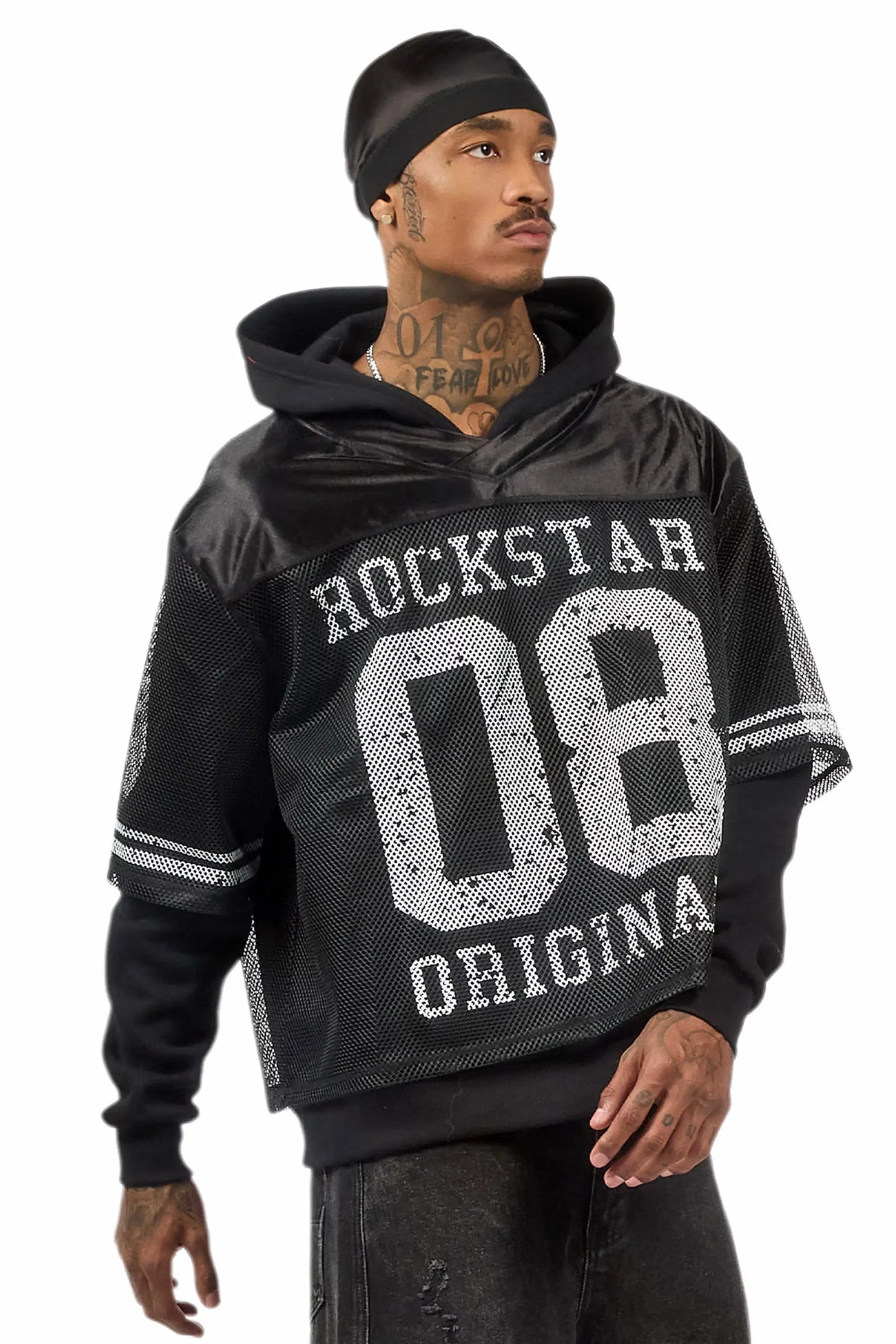 Syncamore Black/White Double Layer Graphic Jersey Hoodie