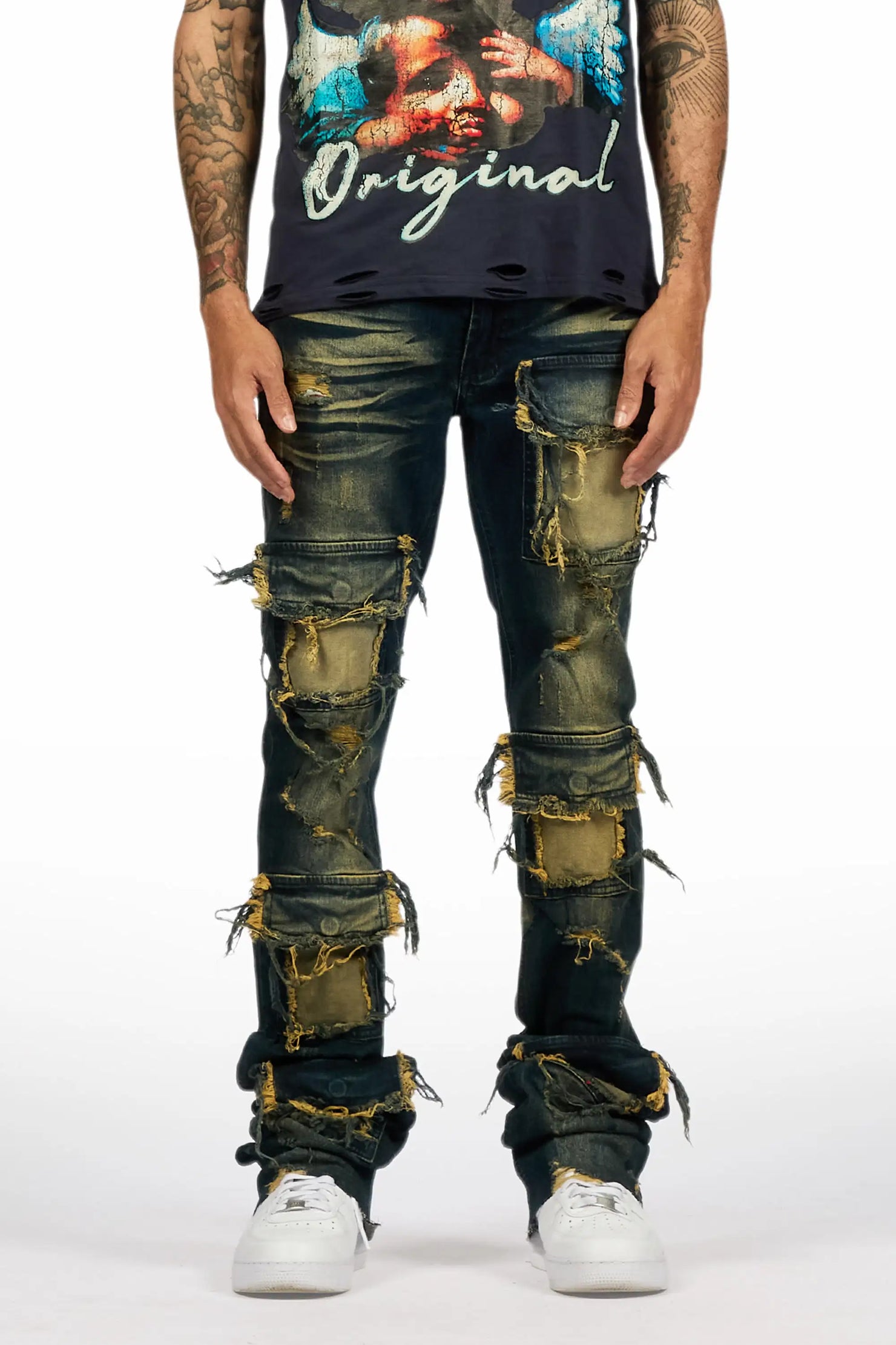 Pooja Dark Blue Super Stacked Flare Jean
