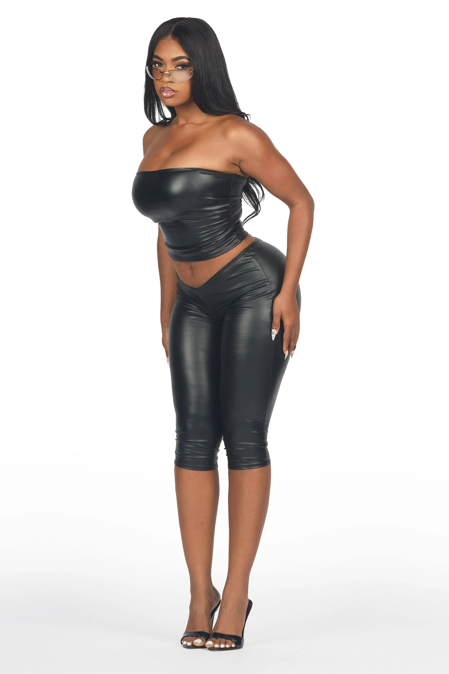 Deep V Pleather Black Capri Set