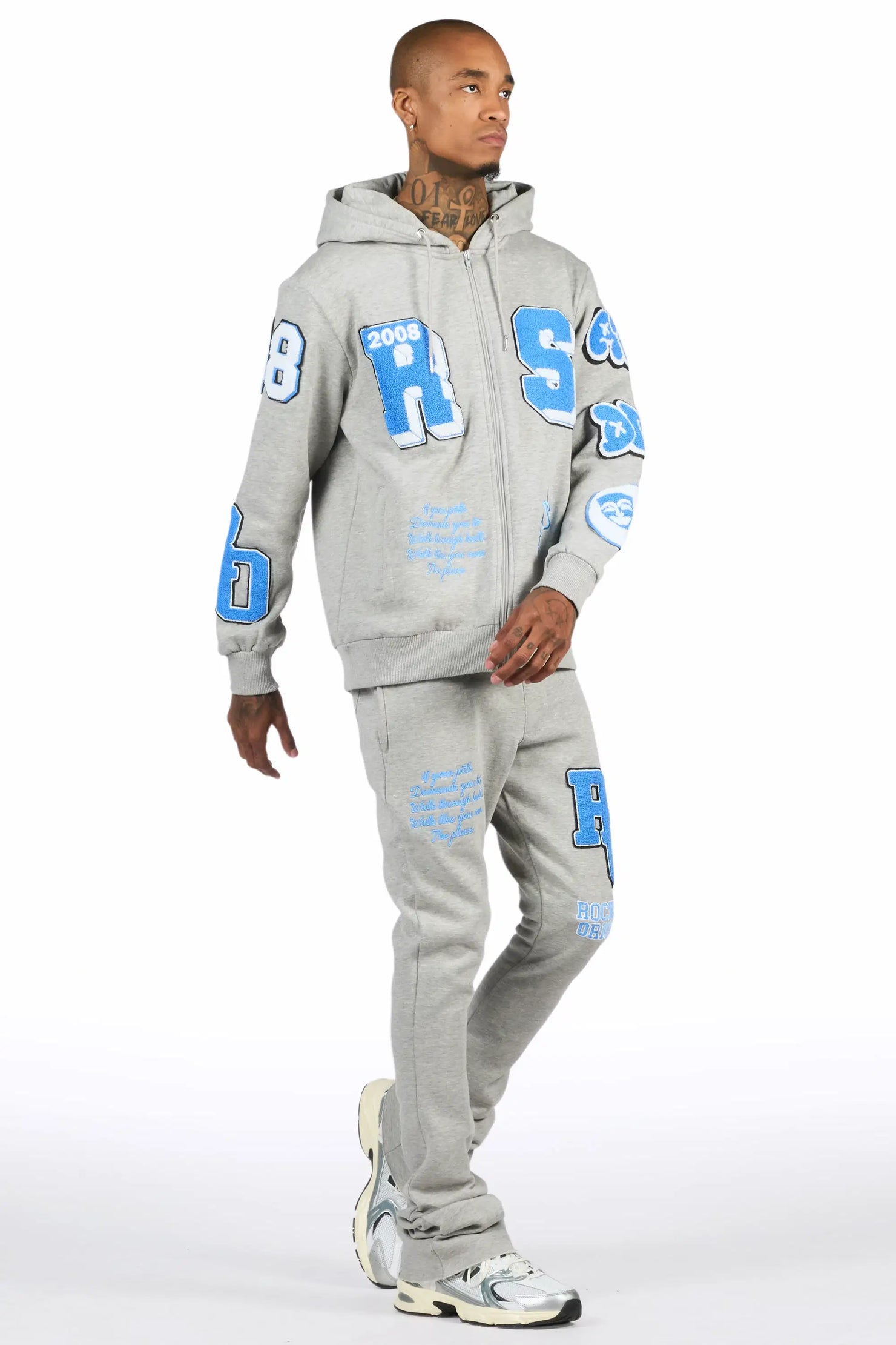Leslaw Heather Grey Zip Up Hoodie Stacked Track Set
