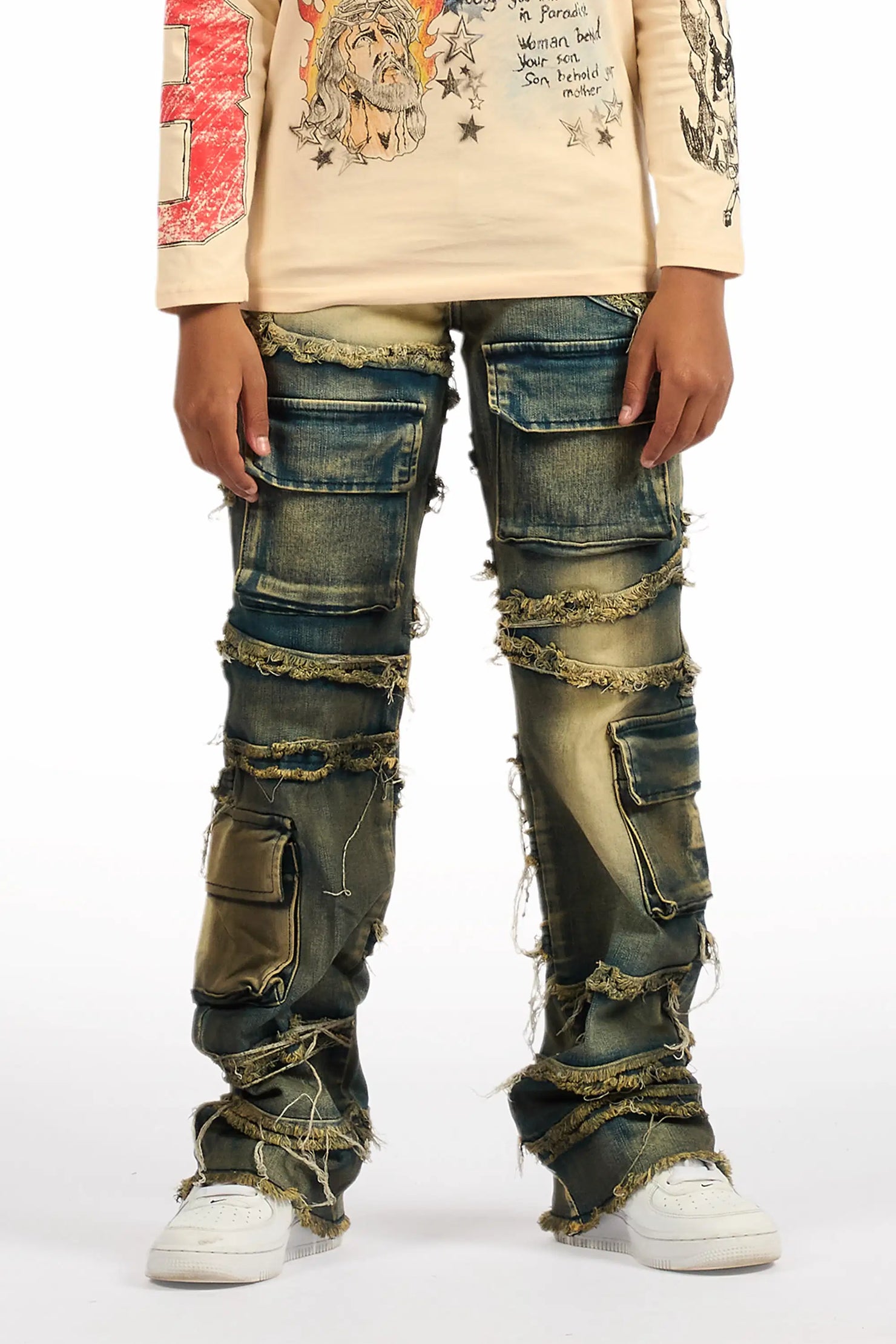 Boys Yves Blue Stacked Flare Cargo Jean