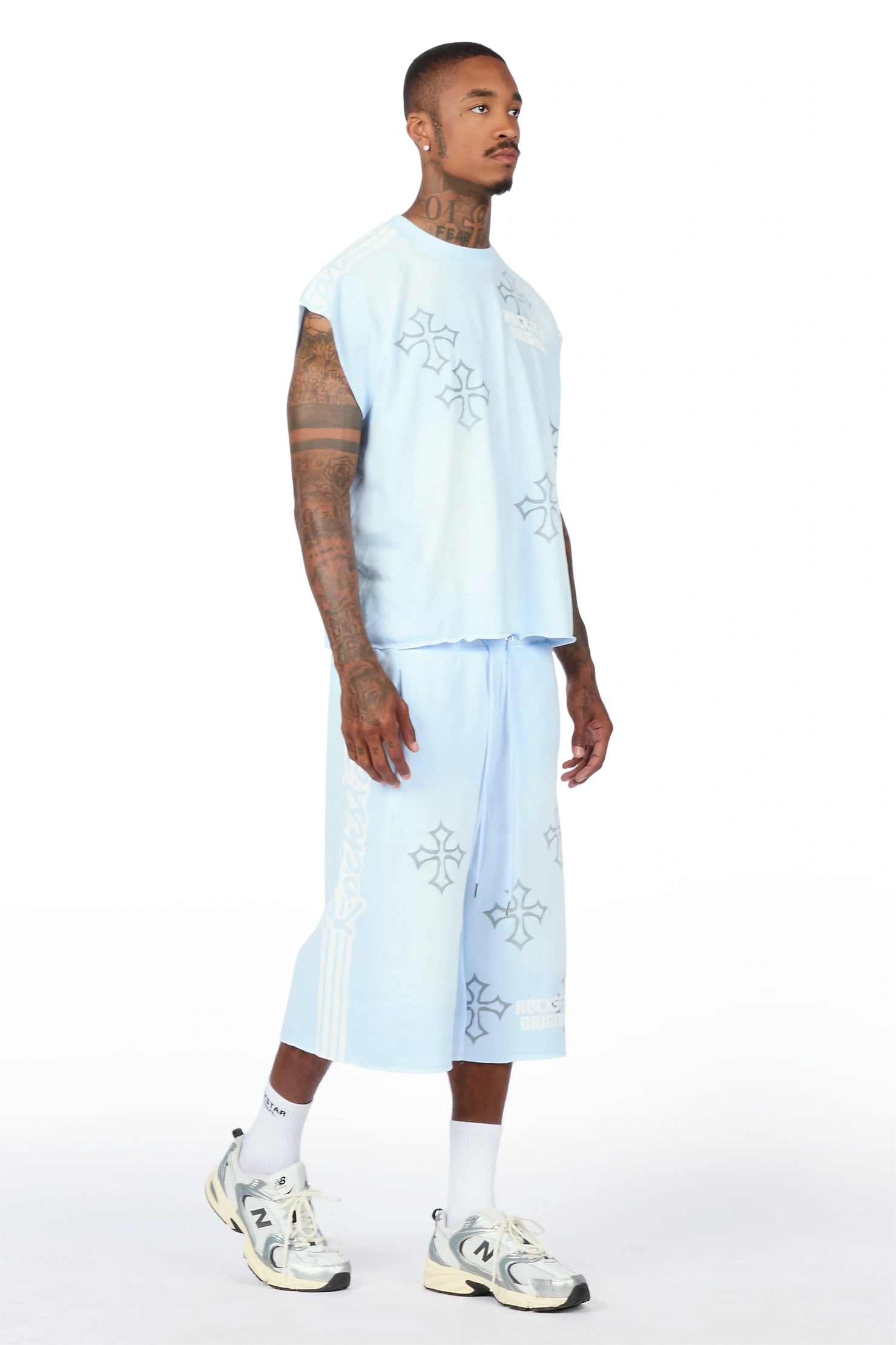 Osso Sky Blue Cut Sleeve T-Shirt Double Waisted Jort Set