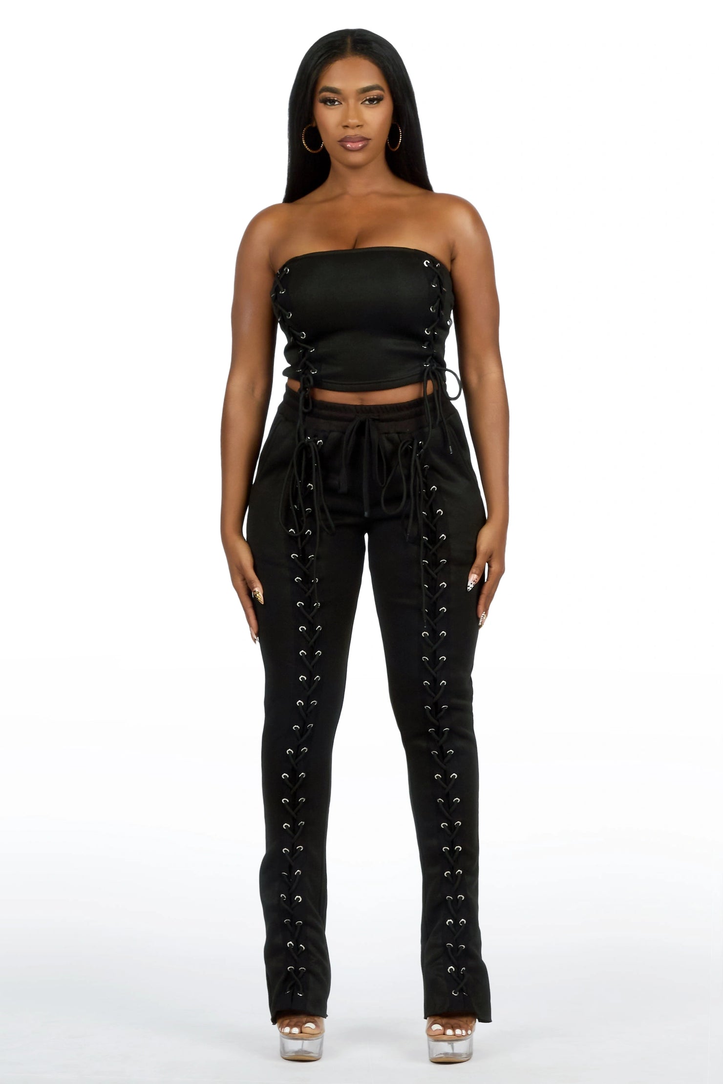 KaeMyna Black Lace Up Tube Stacked Track Set