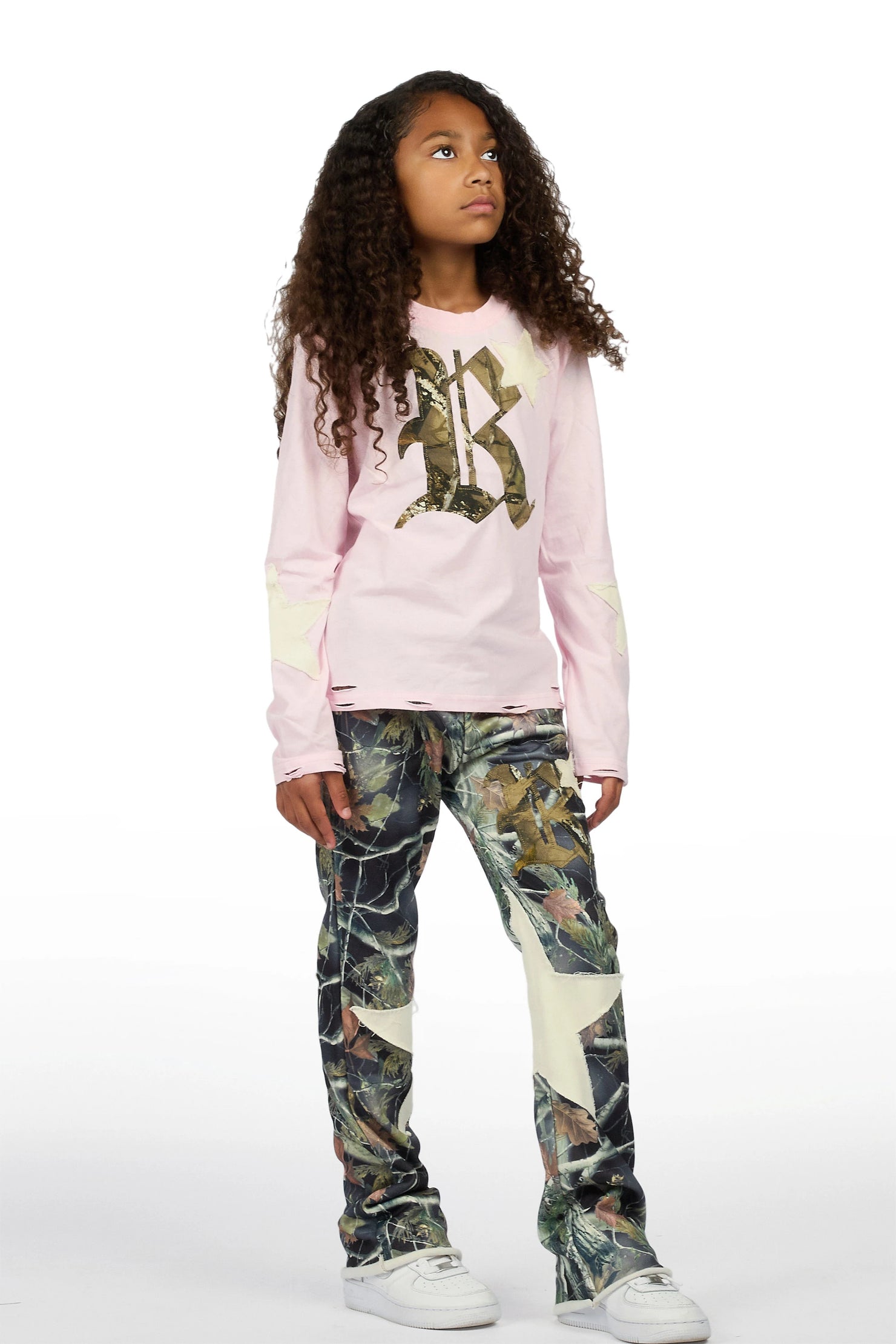 Girls Delgera Pink/Camo Long Sleeve T-Shirt Track Set