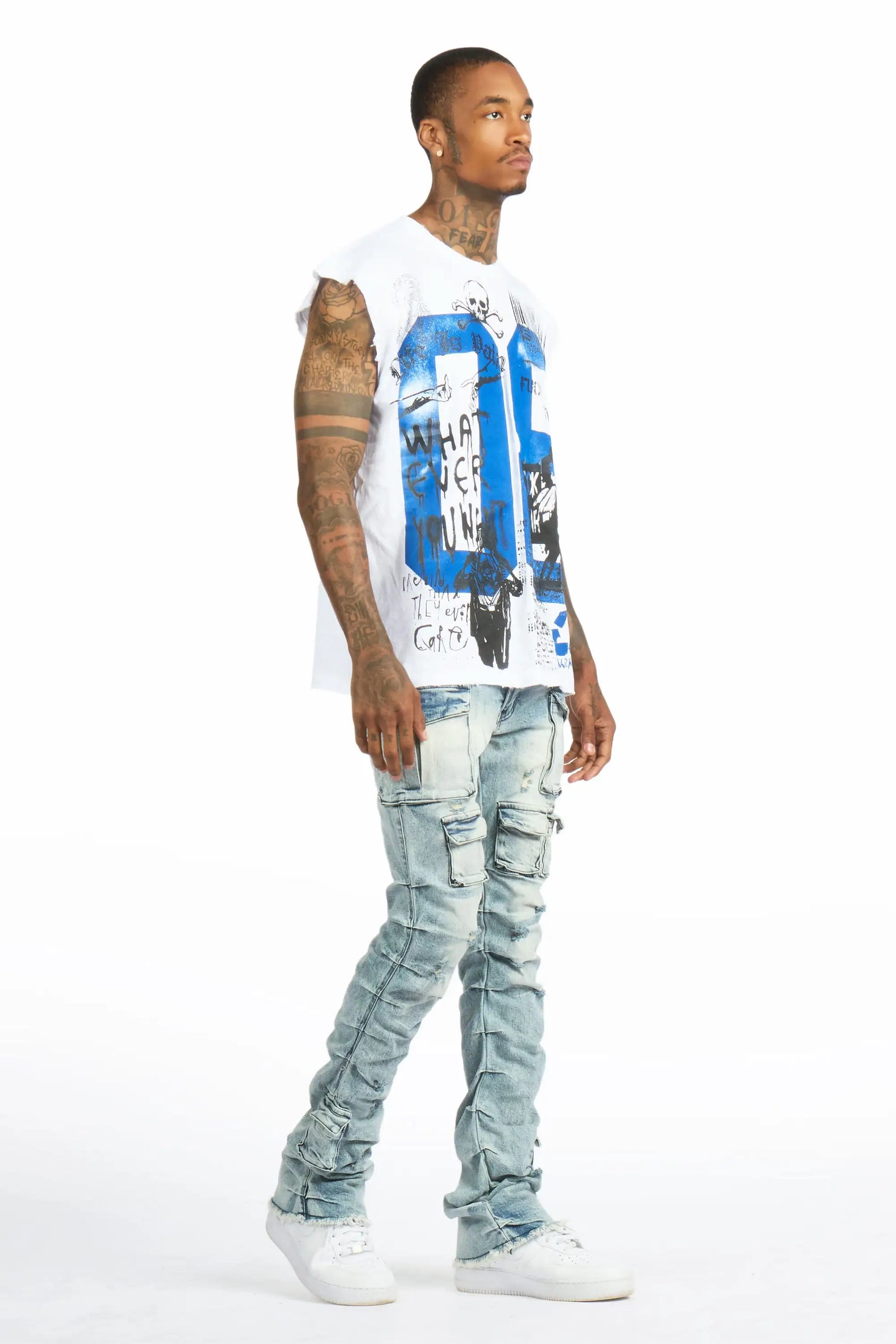 Grill 2.0 White/Light Blue Oversized Graphic T-Shirt & Gentry Stacked Flare Jean Set