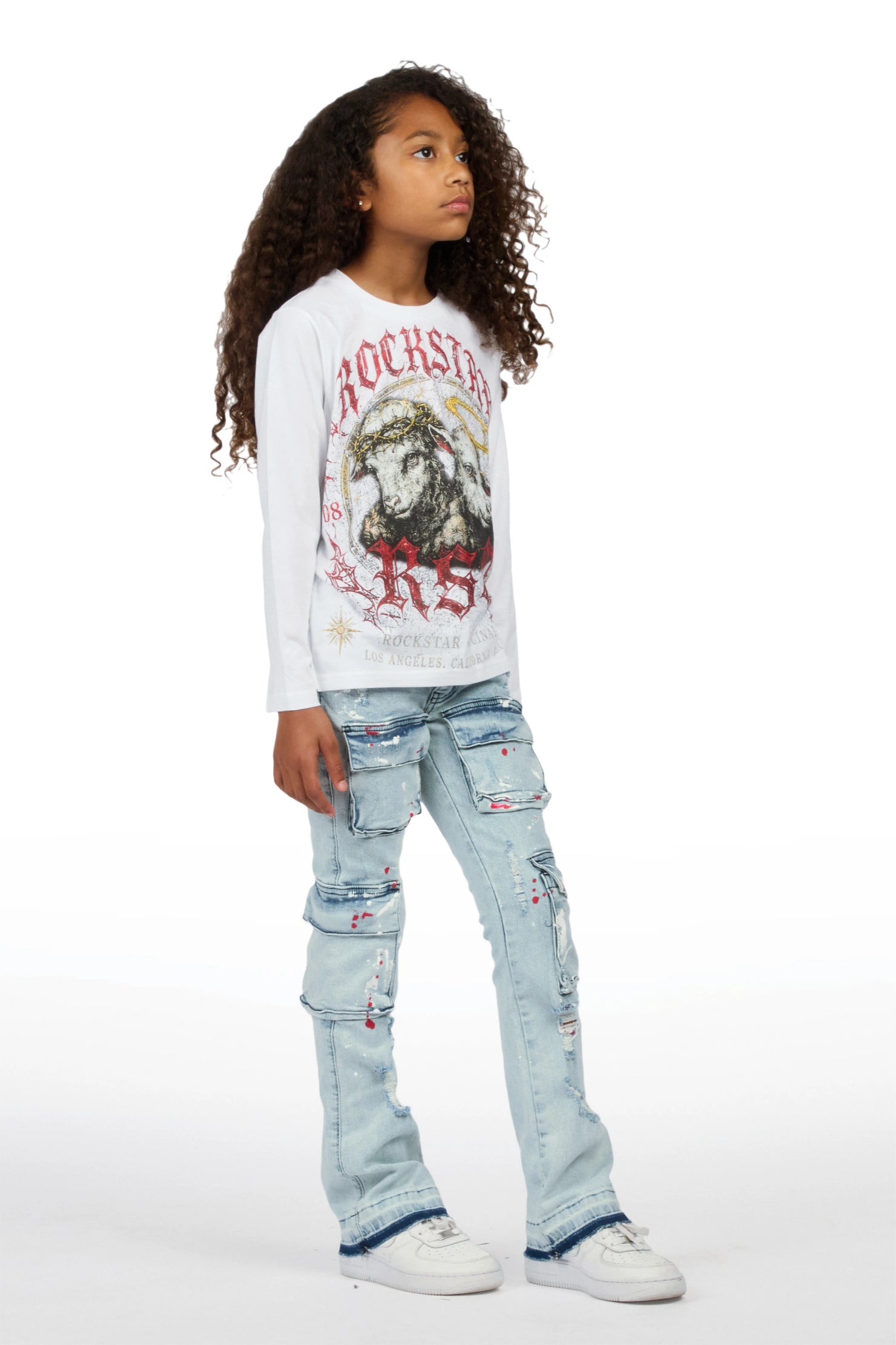 Girls Dezz White/Light Wash Long Sleeve T-Shirt Stacked Painter Jean Set