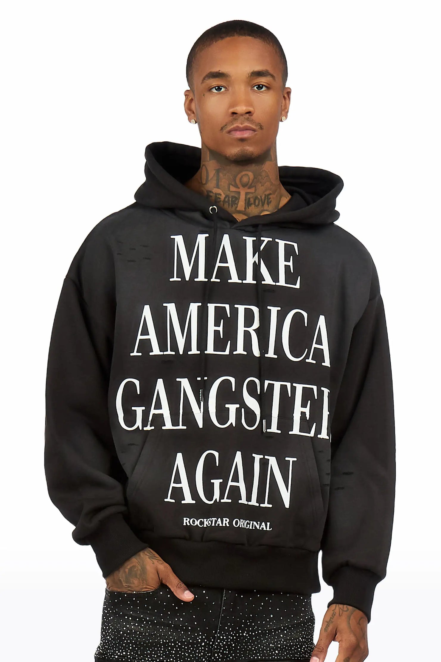 Drako Black Graphic Distressed Relaxed Hoodie