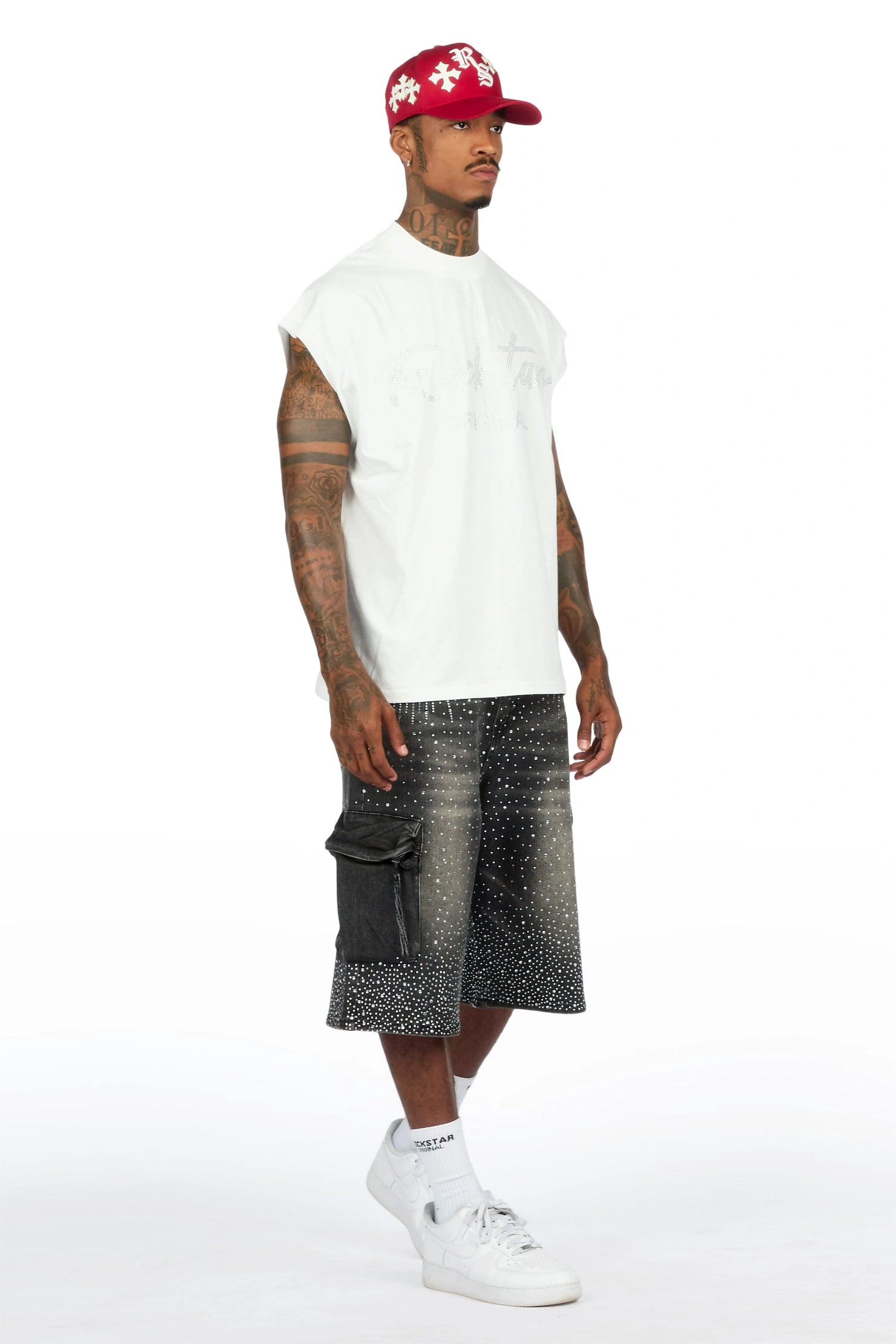 Keoni White Rhinestone Cut Sleeve T-Shirt Denim Short Set