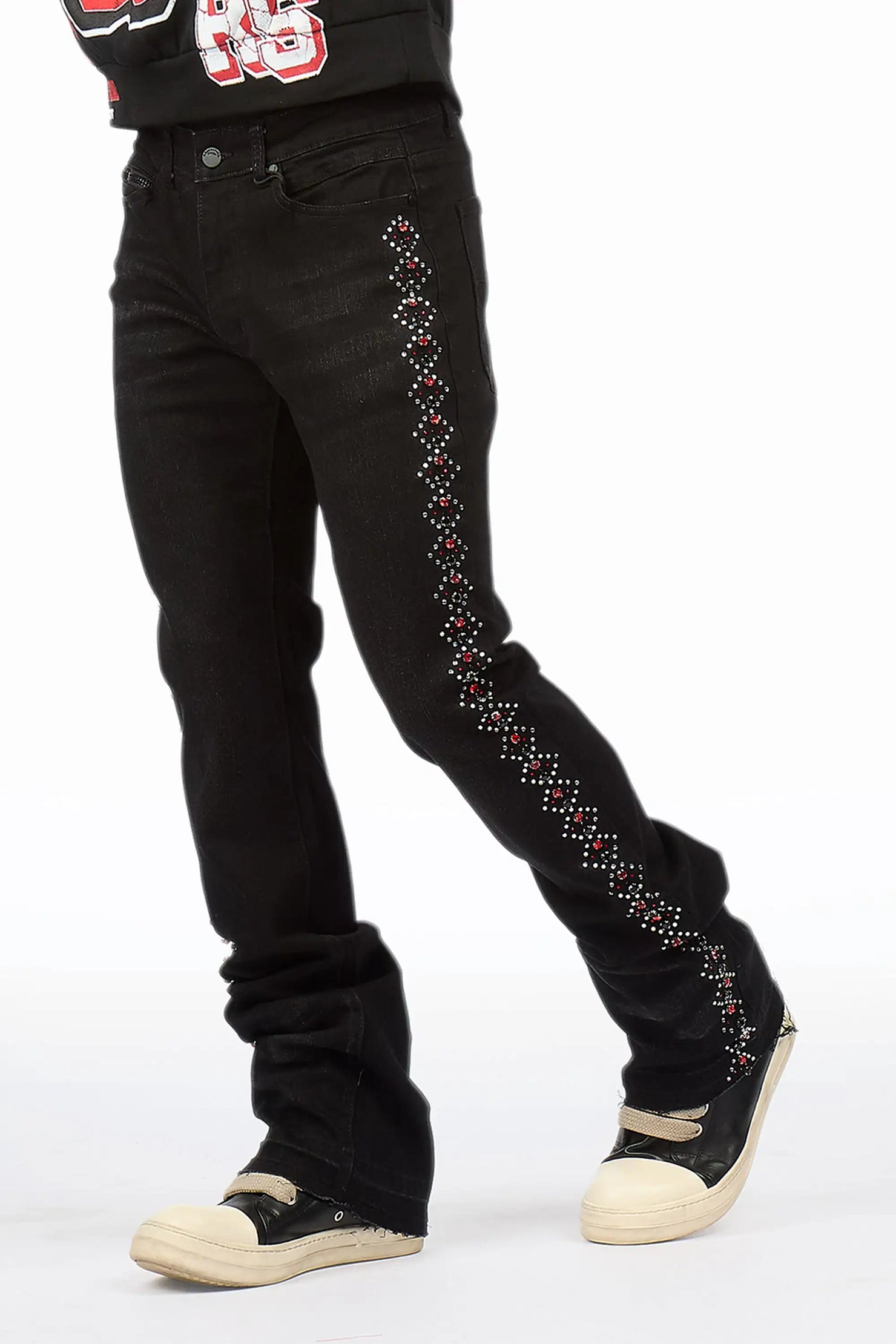 Ozi Rhinestone Dark Grey Stacked Flare Jean