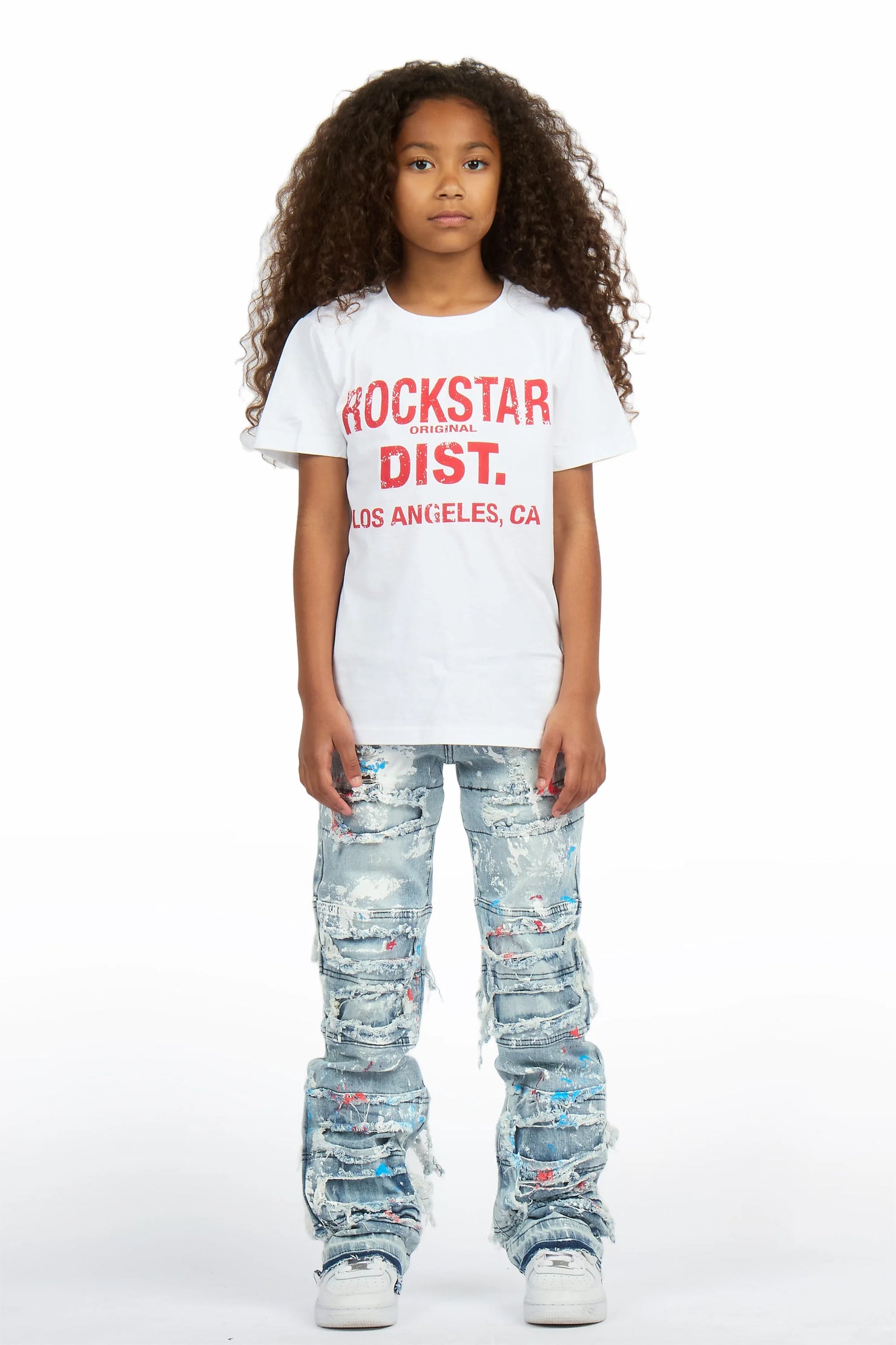 Girls Vassa Blue Stacked Painter Flare Jean
