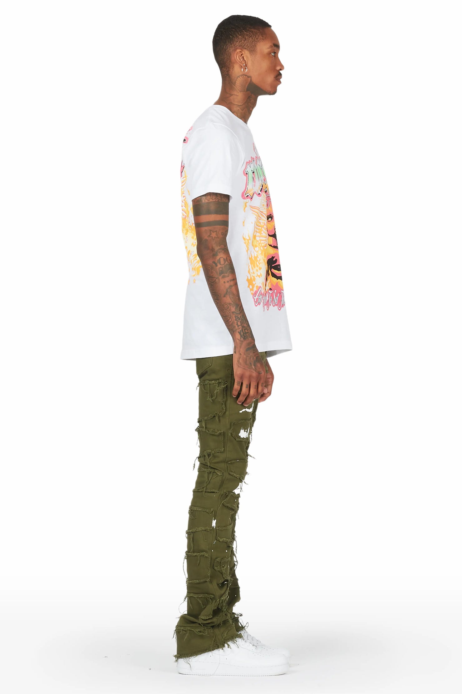 Yakez Green Painter Stacked Flare Jean