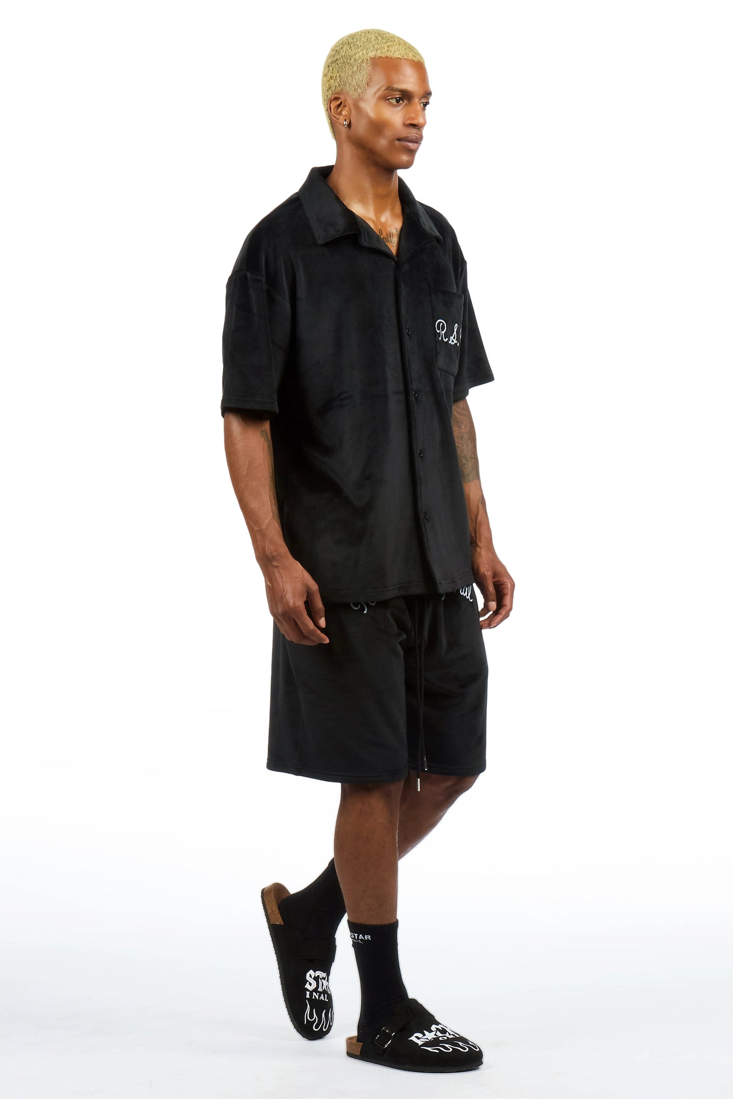 Crusoe Black Button Down Shirt/Short Set