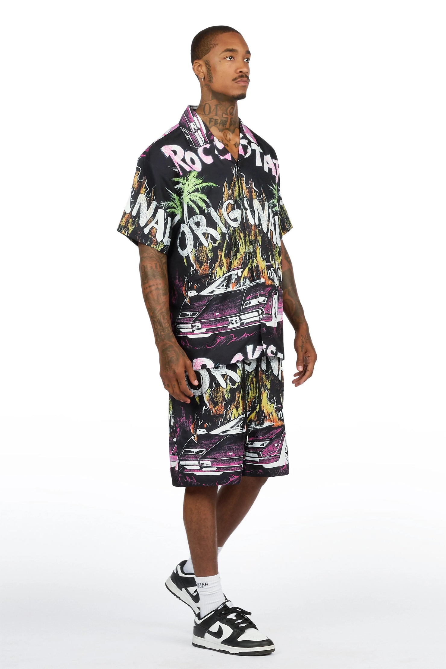 Axrian Black Button Down T-Shirt/Short Set
