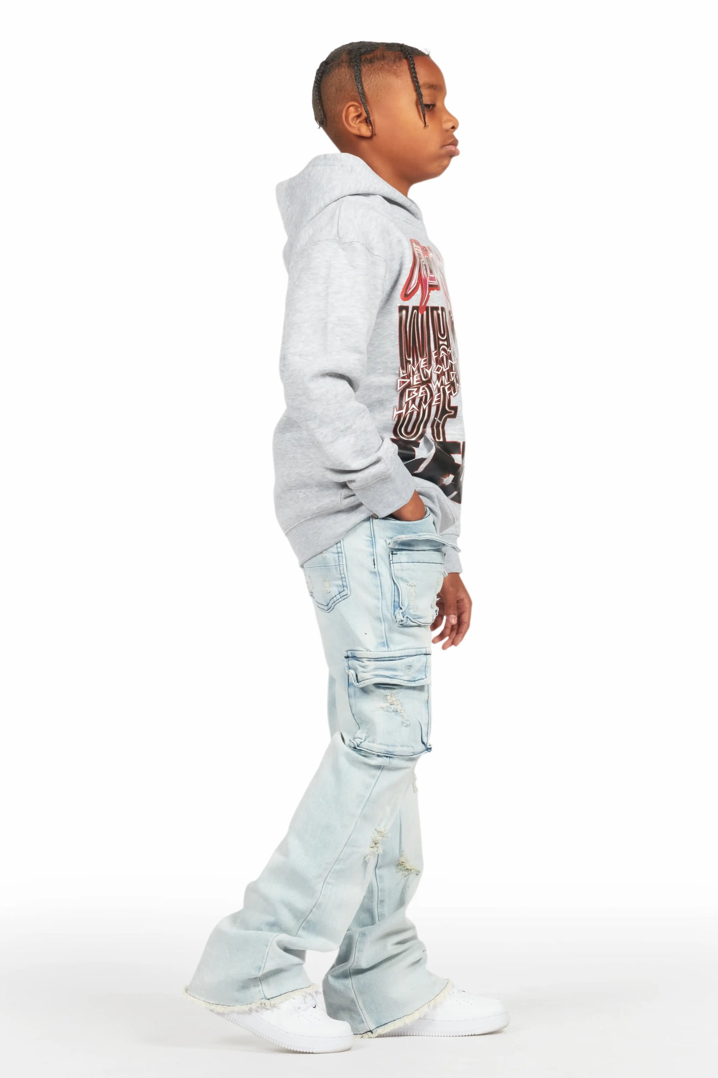 Boys Lachlan Grey/Blue Hoodie/Stacked Flare Jean Set