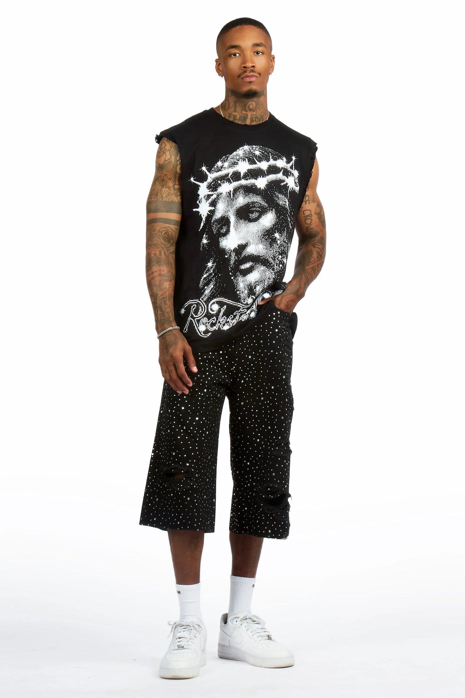 Zayir Black/Jet Black Oversized Graphic T-Shirt & Discolite Rhinestone Denim Jort Set