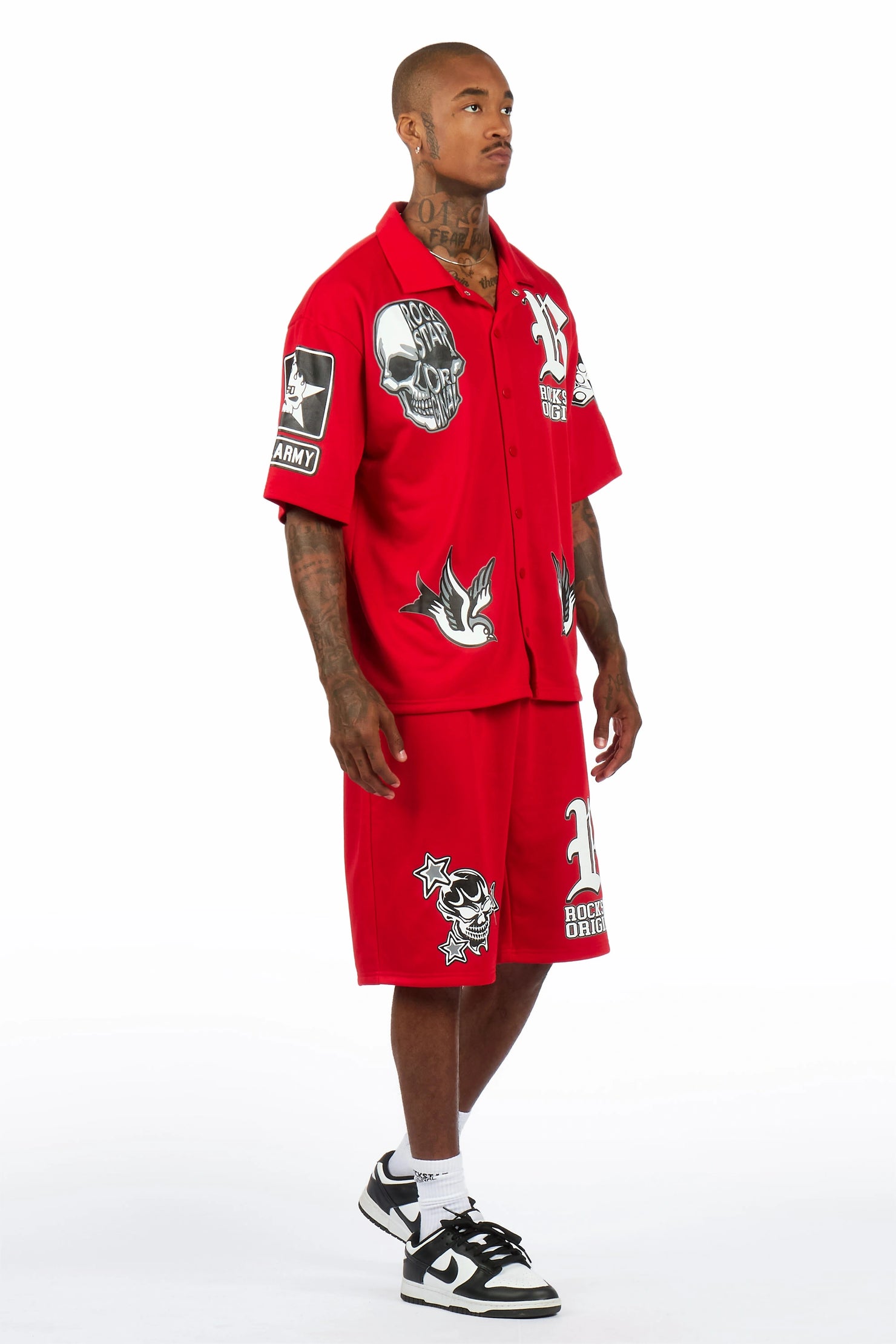 Vidar Red Button Down T-Shirt/Short Set
