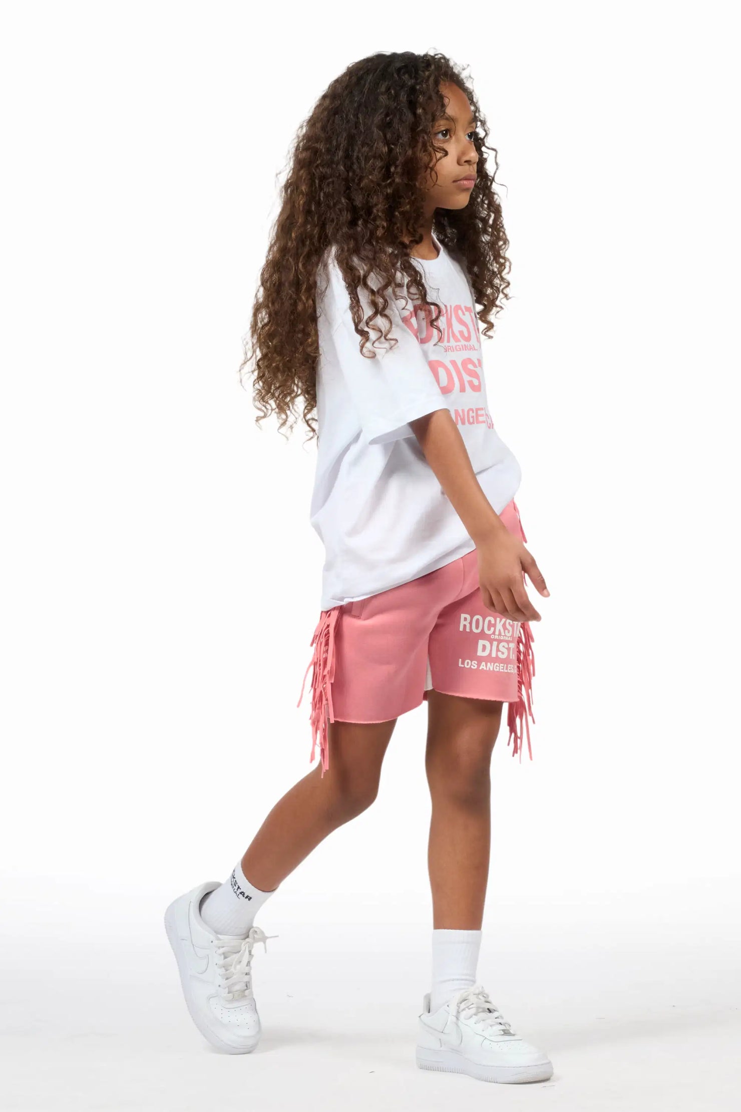 Girls Kendra White/Pink Graphic T-Shirt/Fringe Short Set