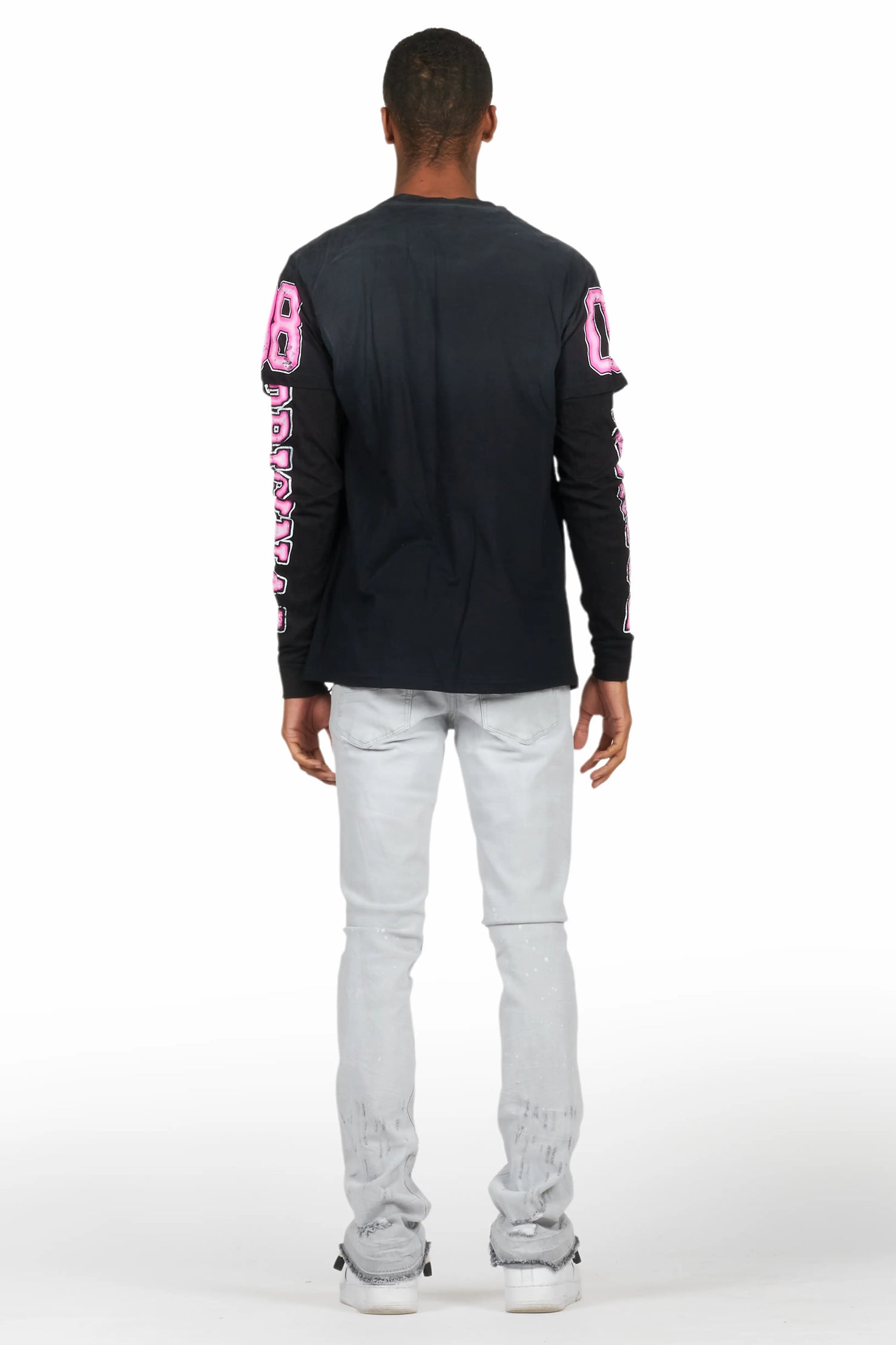 Fields Black Double Layer T-Shirt/Stacked Flare Jean Set