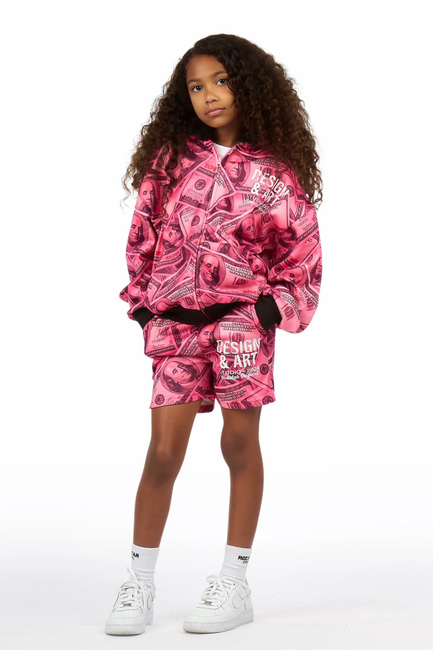 Girls Sidney Pink Zip Up Short Set With Fur Hood