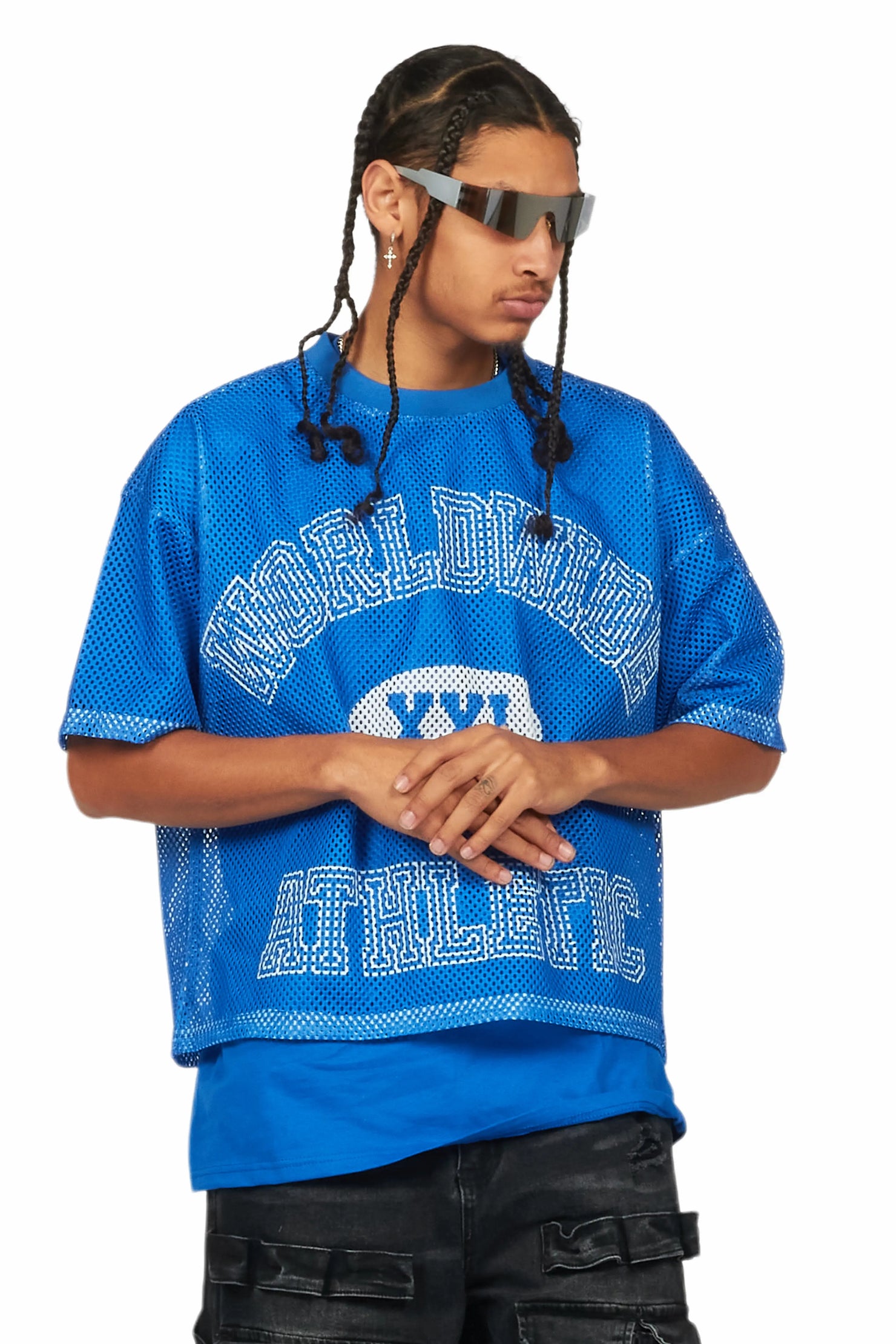 Sabas Royal Blue Graphic Crop Top Mesh Jersey