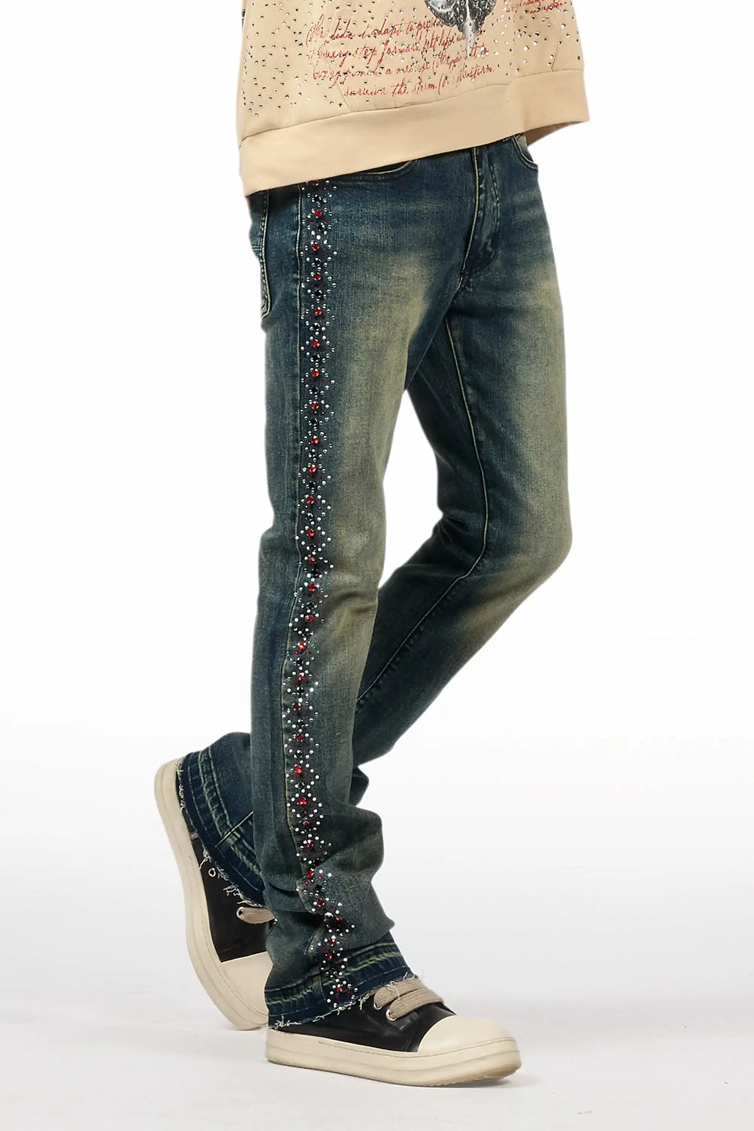 Ozi Rhinestone Tint Blue Stacked Flare Jean