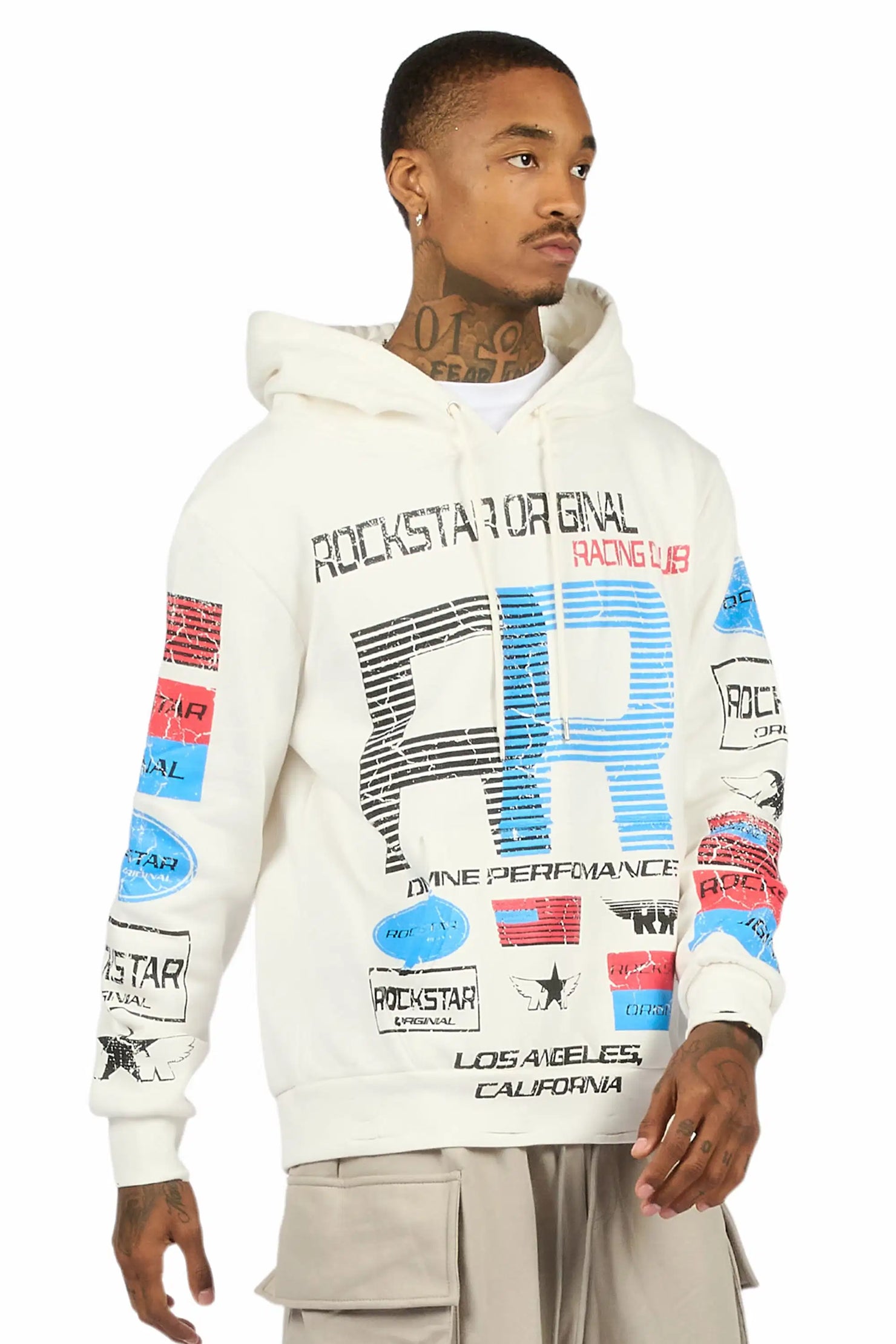 Rso Racing Club White Distressed Graphic Relaxed Hoodie