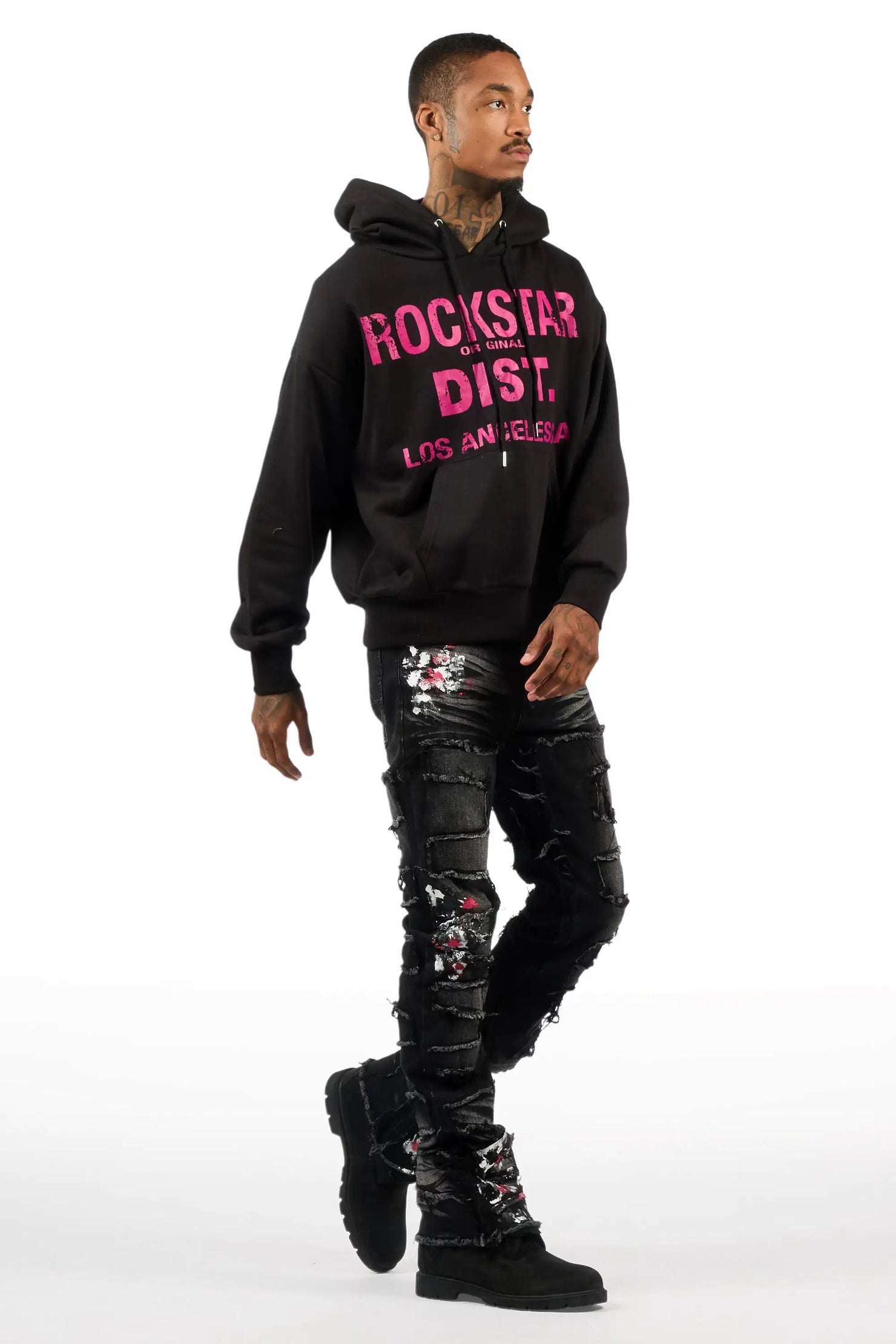 Saxon Pink/Black Hoodie/Stacked Flare Jean Set
