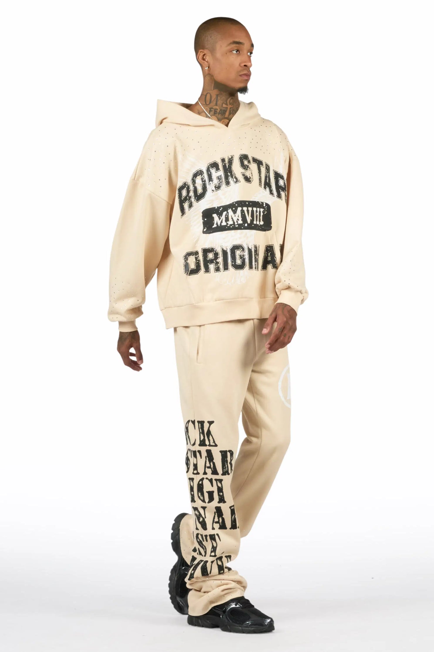 Borya Beige Rhinestone Hoodie/Stacked Pant Track Set