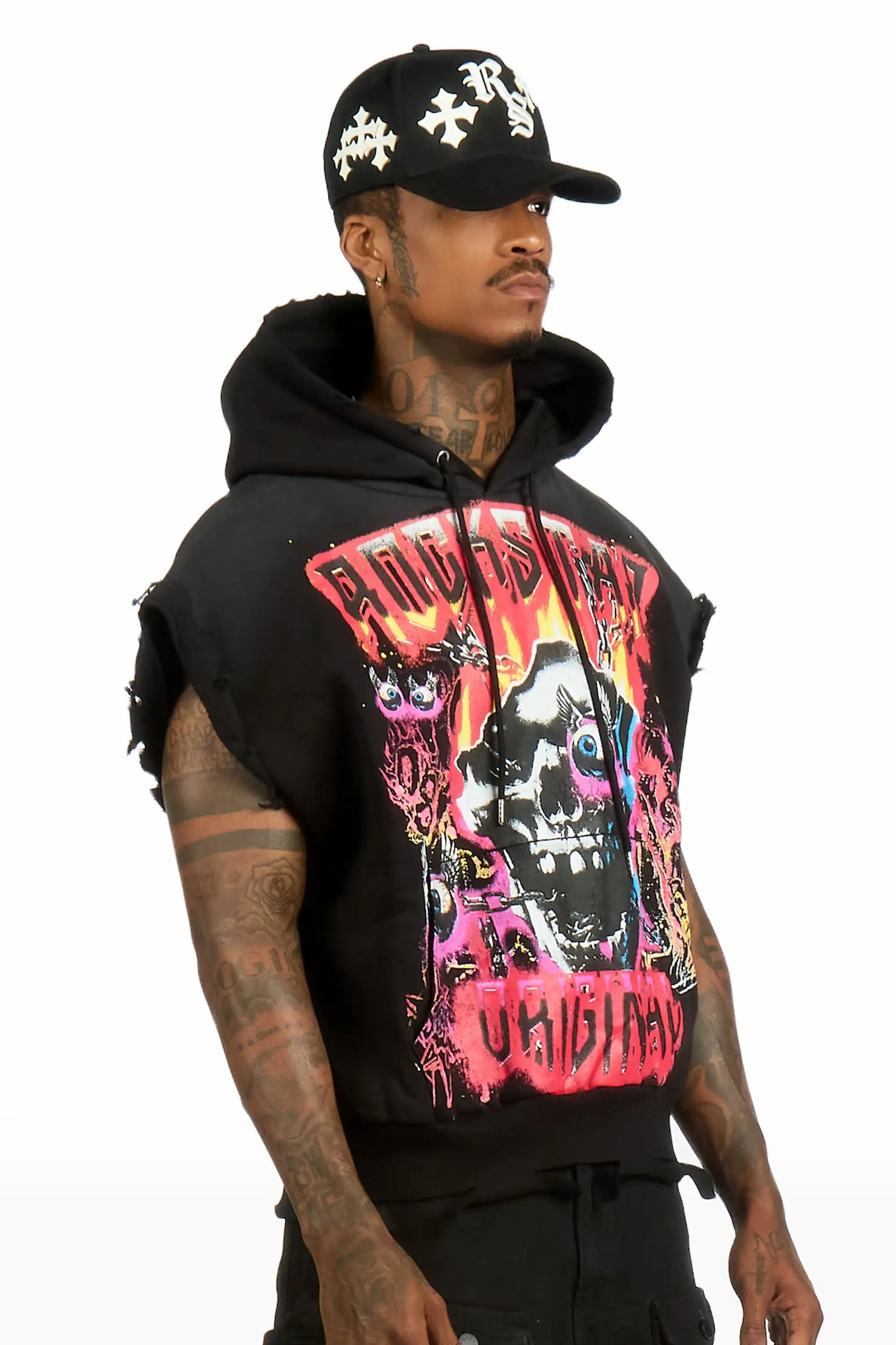 Styxx  Black Graphic Distressed Cut Sleeve Hoodie
