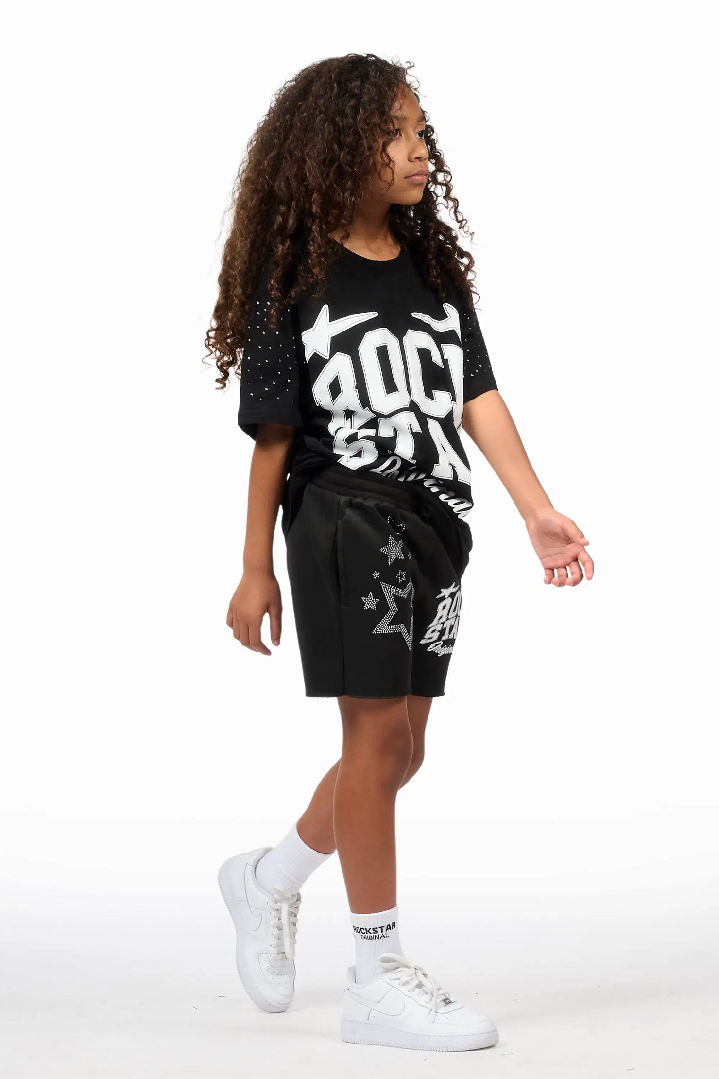 Girls Flaveya Black/Wite Rhinestone T-Shirt Short Set