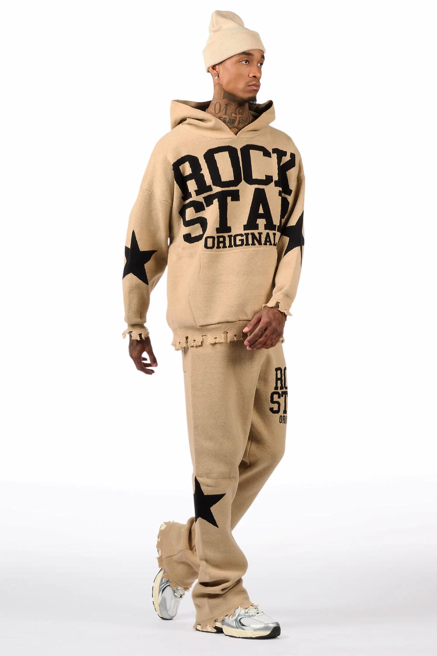 Outlaw Beige Hoodie Stacked Flare Knitted Set