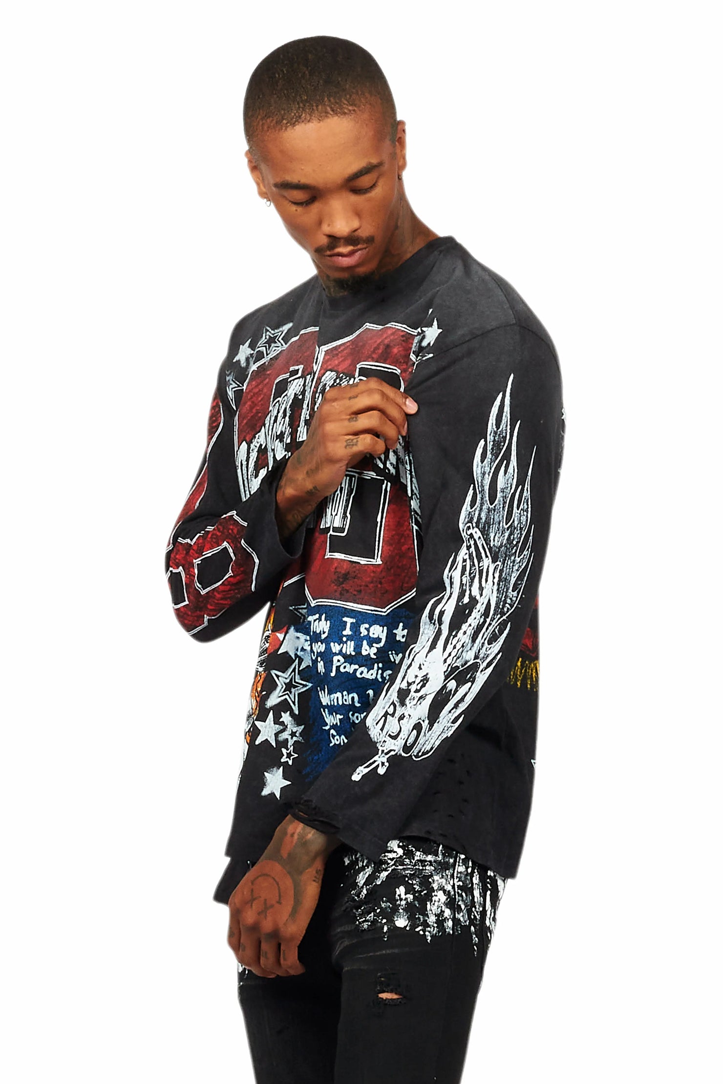 Jesus Crayon Vintage Black Long Sleeve Graphic T-Shirt