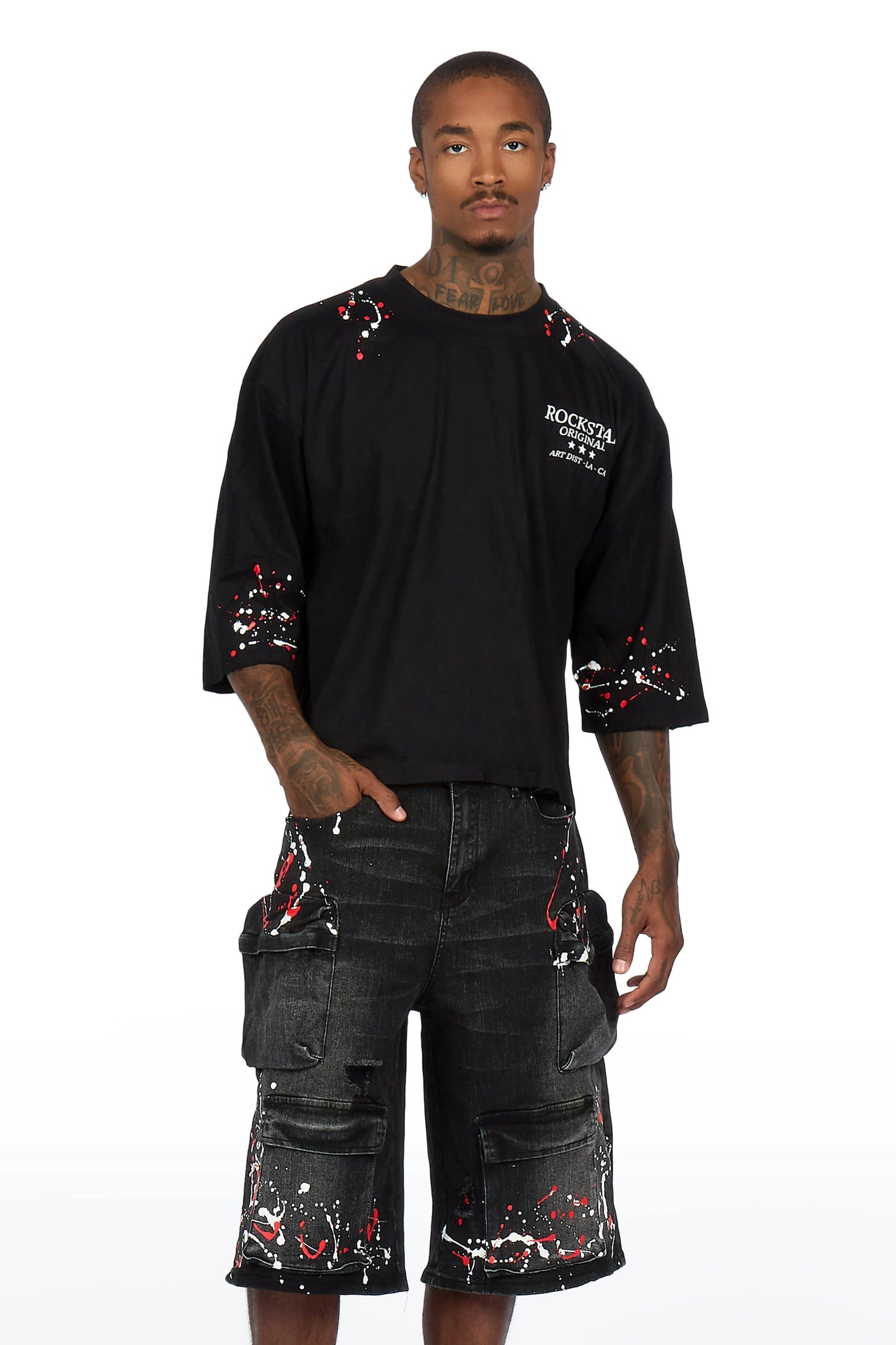 Saxon Black Graphic T-Shirt Denim Jort Set