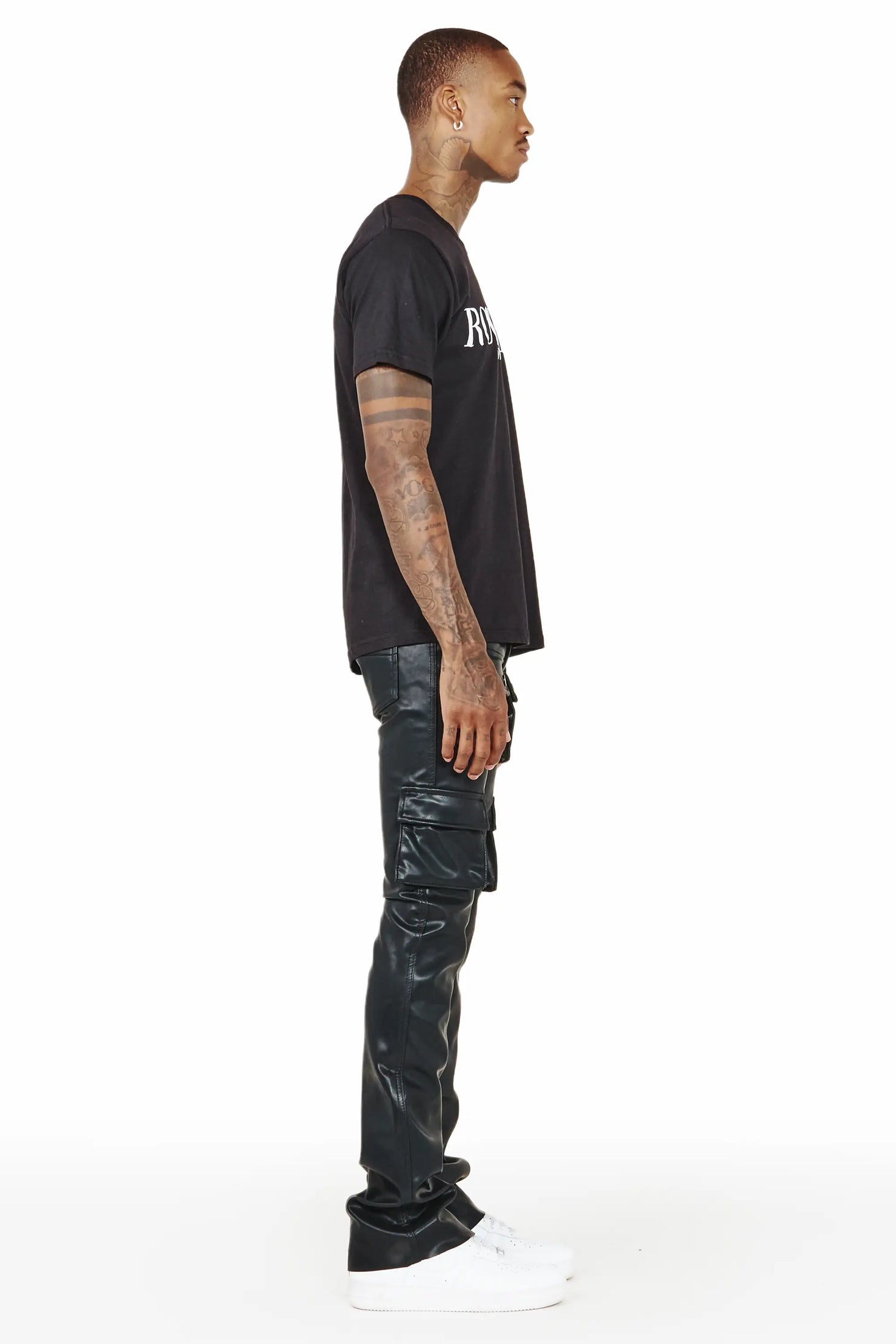 Khaza Black Faux Leather Stacked Flare Jean