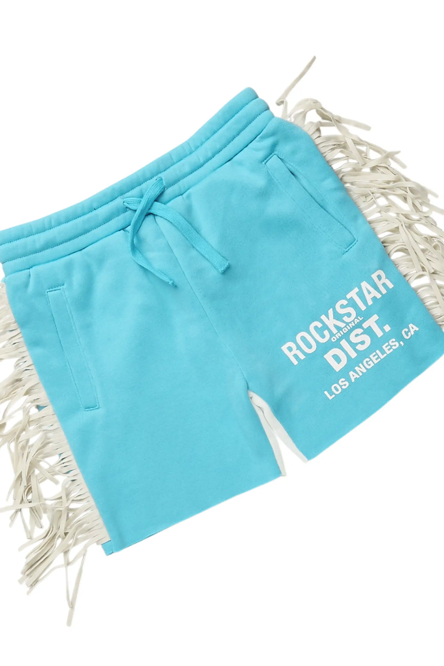Girls Kendra White/Light Blue Graphic T-Shirt/Fringe Short Set