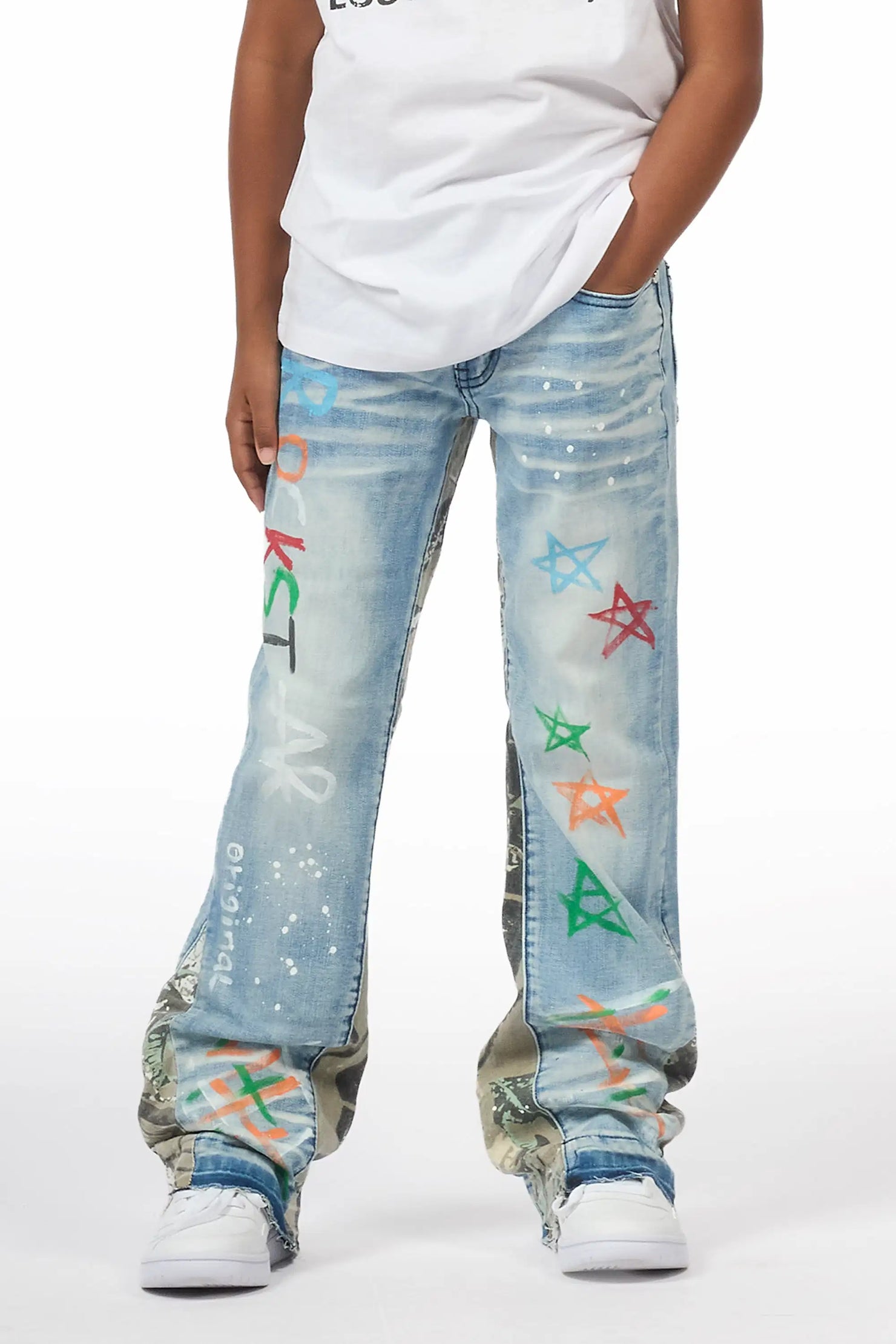 Boys Strass Blue Painted Stacked Flare Jean