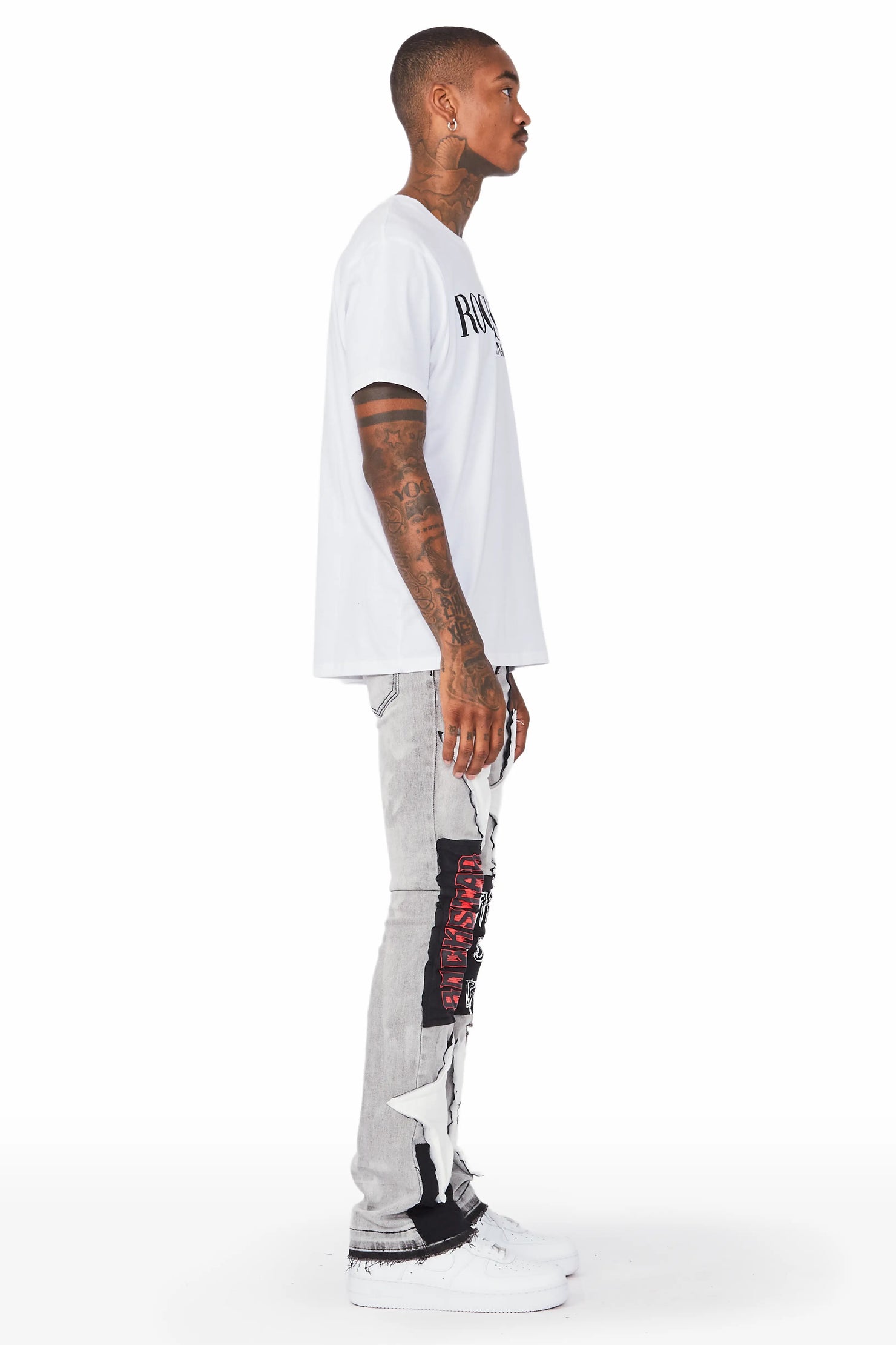 Rhys Light Grey Patchwork Stacked Flare Jean