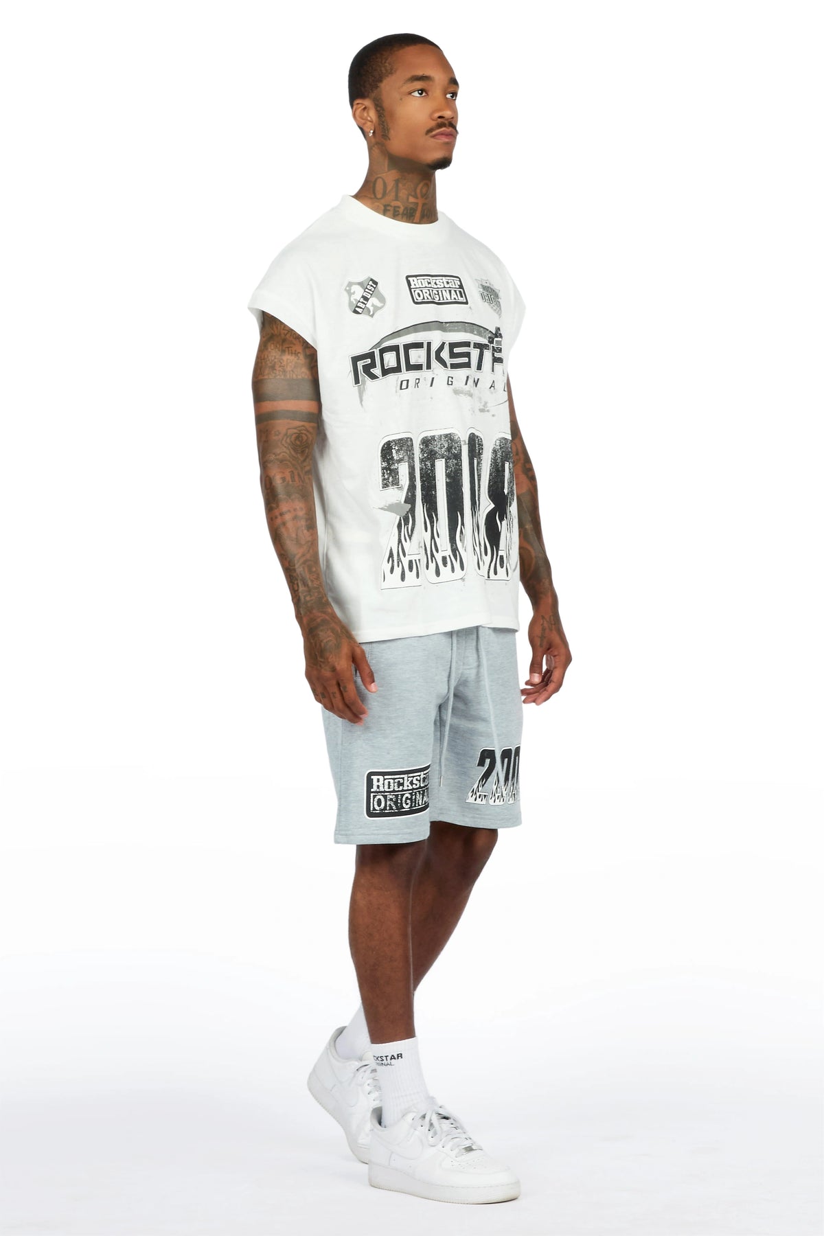 Amos White/Grey Graphic  Cut Sleeve T-Shirt Short Set