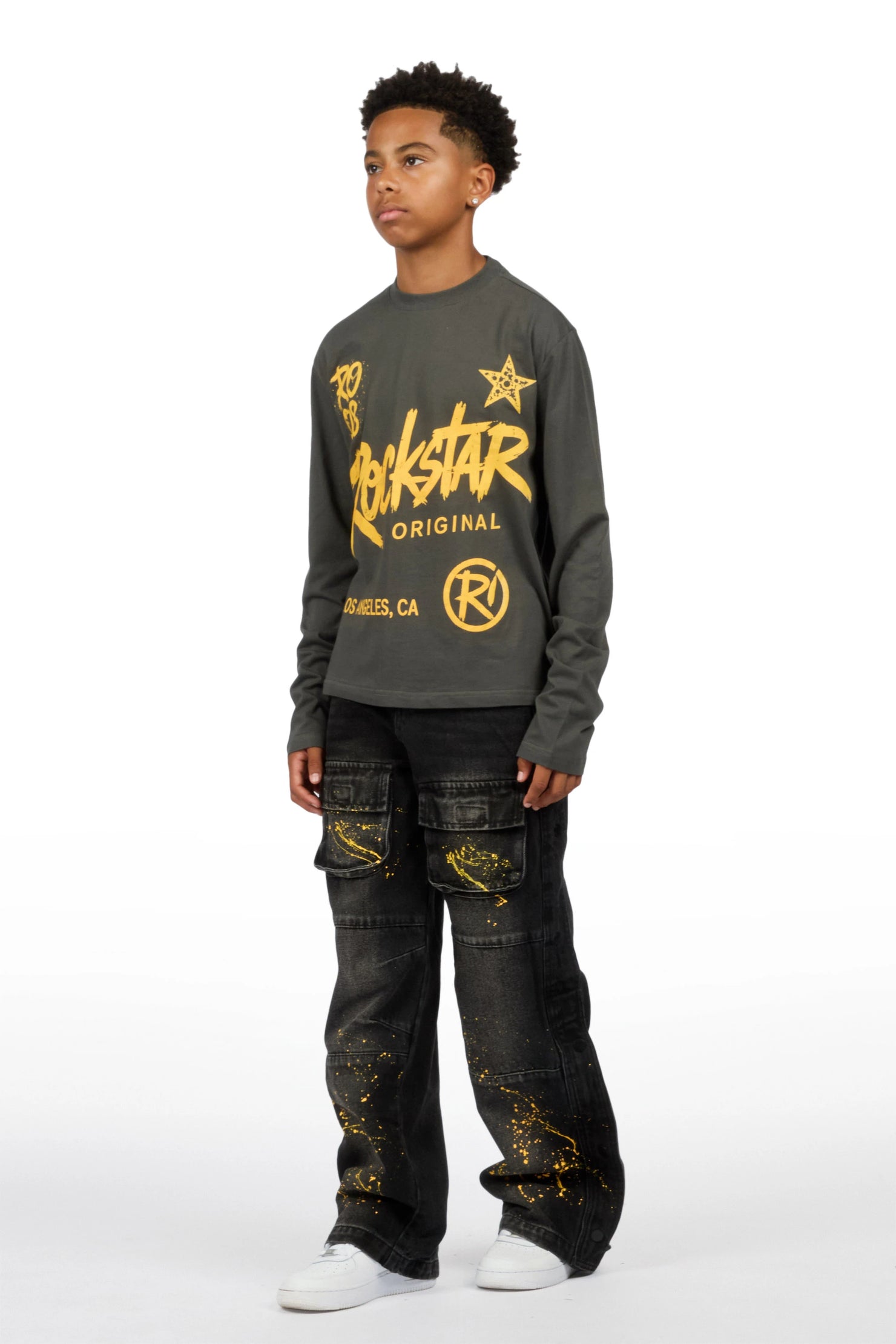 Boys Zeus Charcoal/Dark Grey Long Sleeve T-Shirt Baggy Painter Jean Set