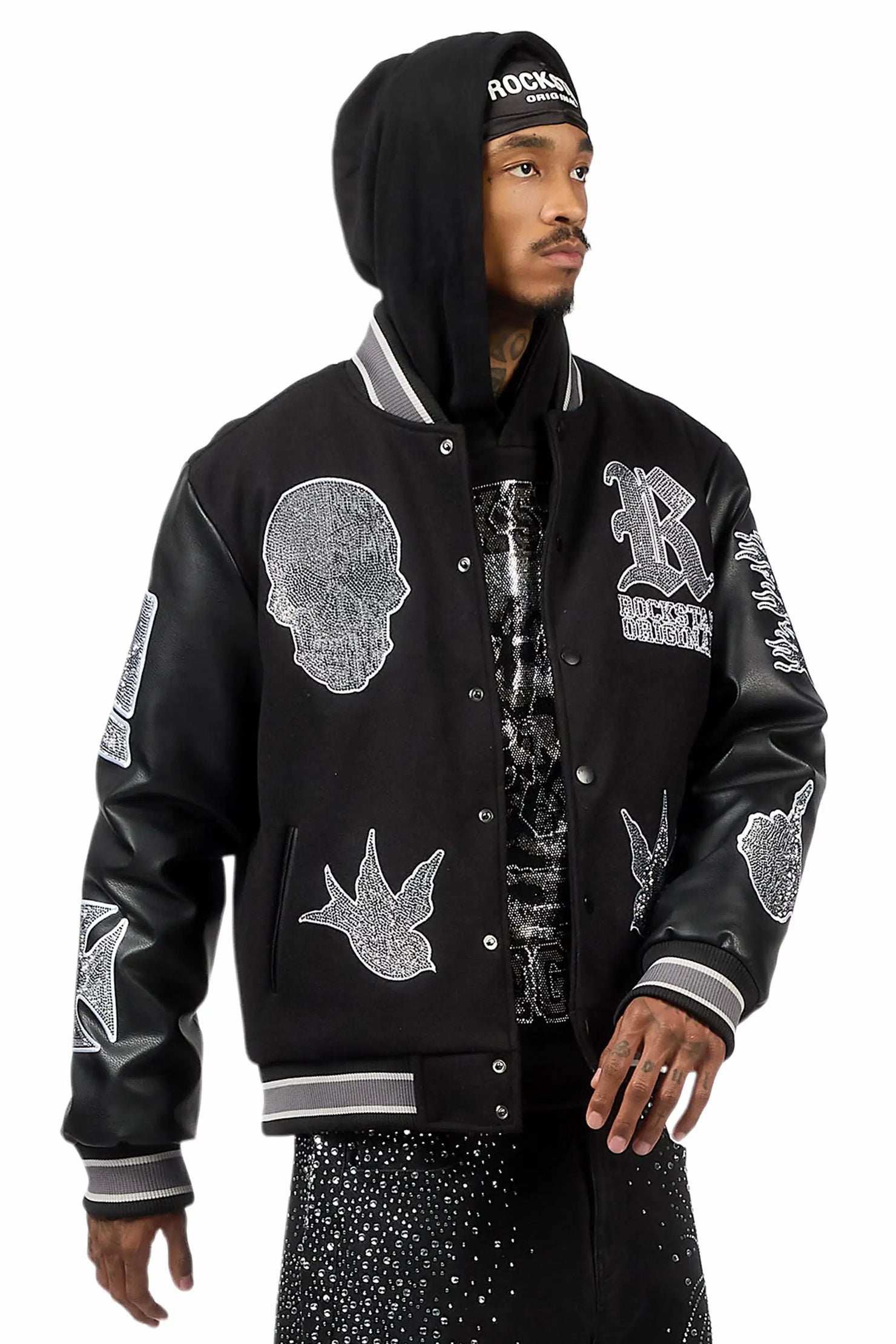 Vidar Black Rhinestone Varsity Jacket