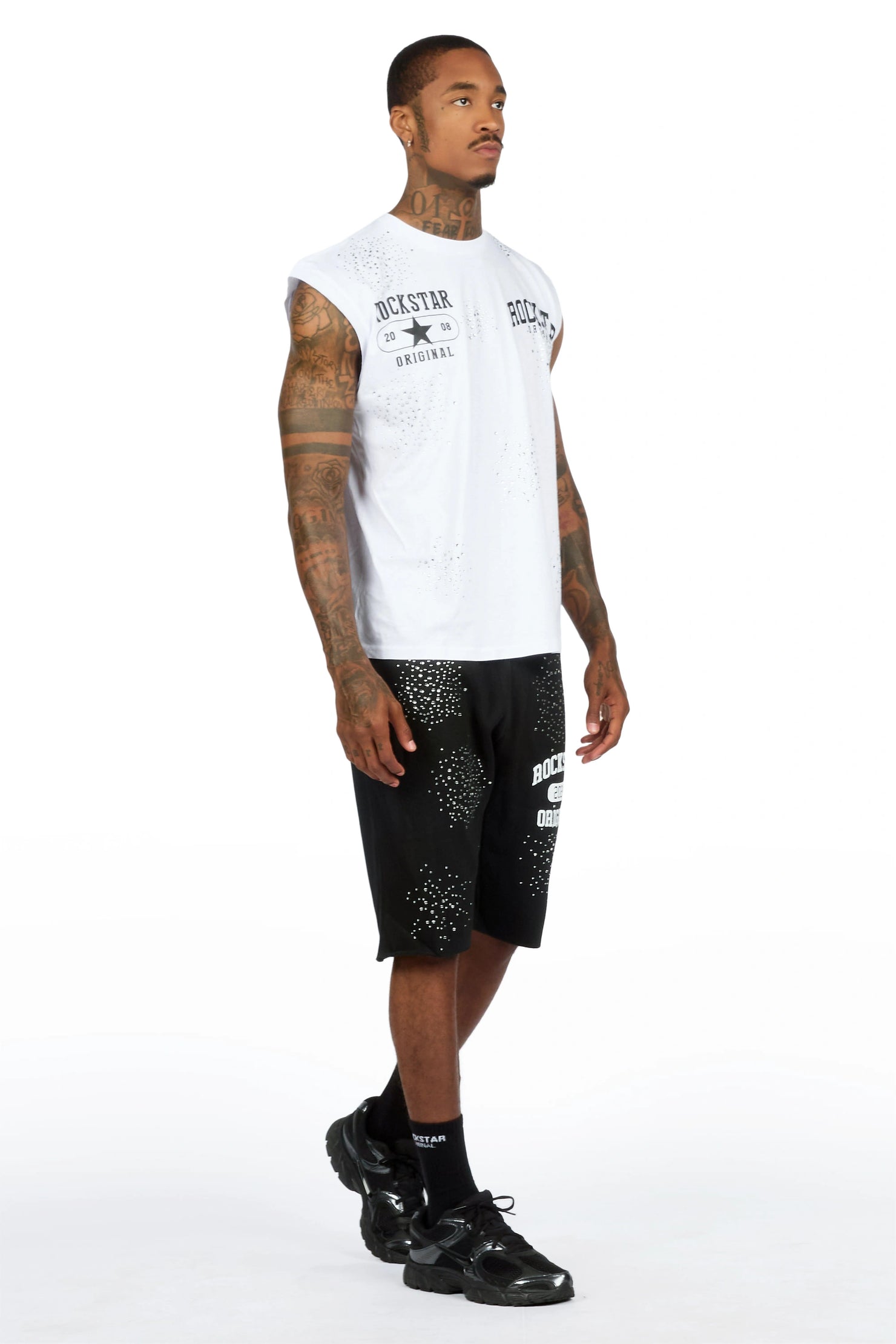 Gutta 2.0 White/Black Rhinestone Cut Sleeve T-Shirt/Short Set