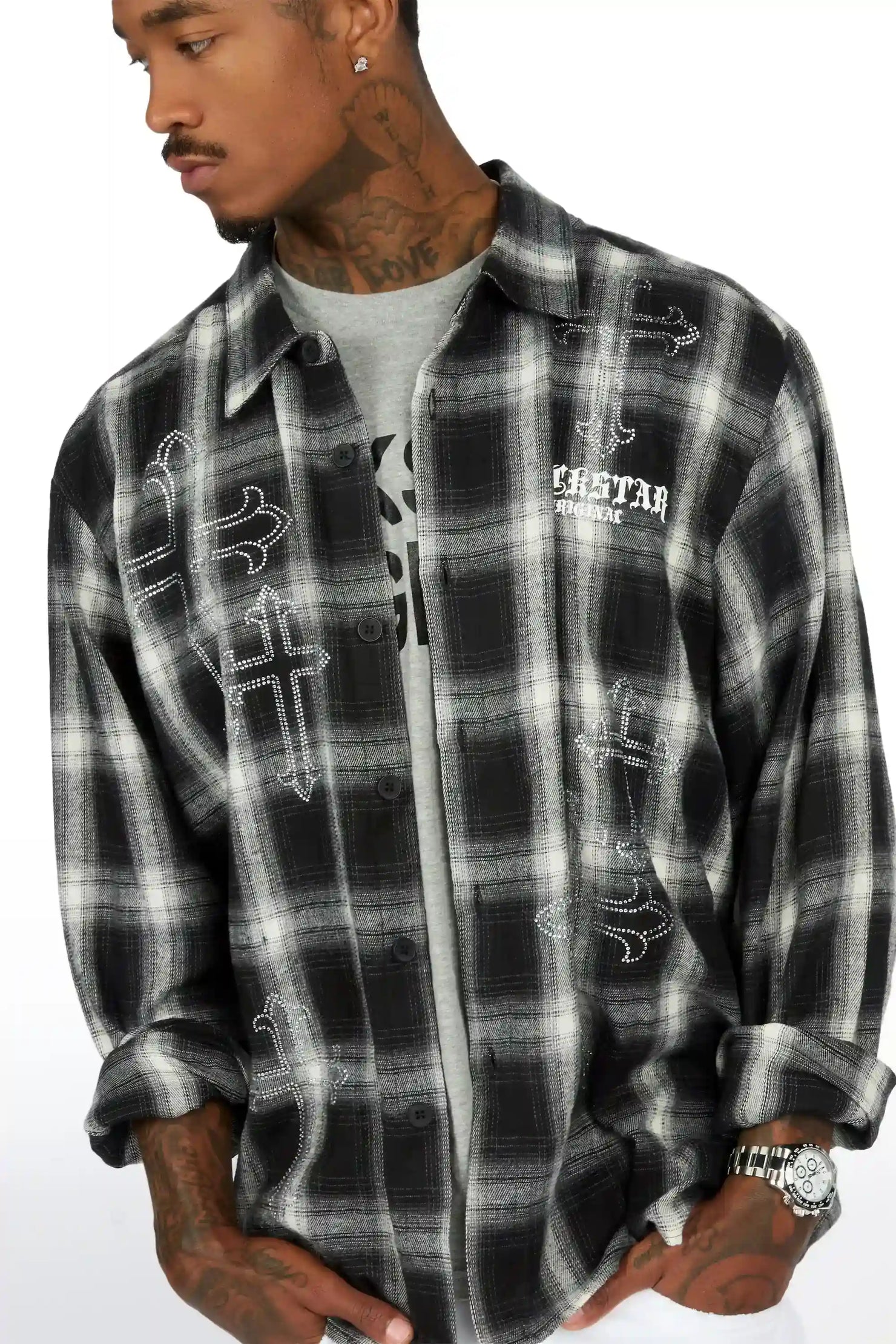 Poldi Black Rhinestone Flannel Long Sleeve Shirt