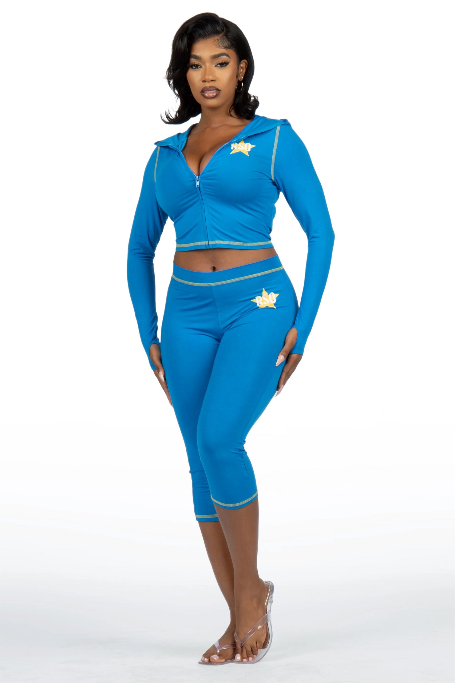 Sharina Blue Zip Up Capri Set