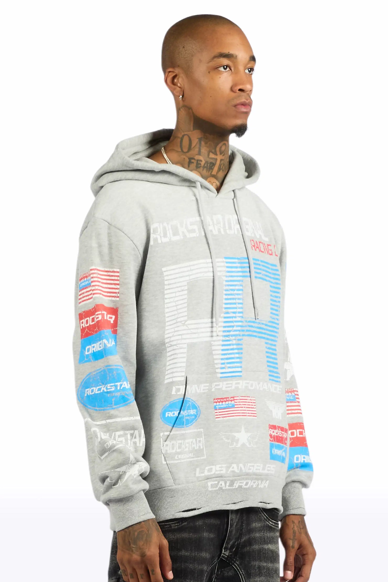 Rso Racing Club Heather Grey Distressed Graphic Relaxed Hoodie